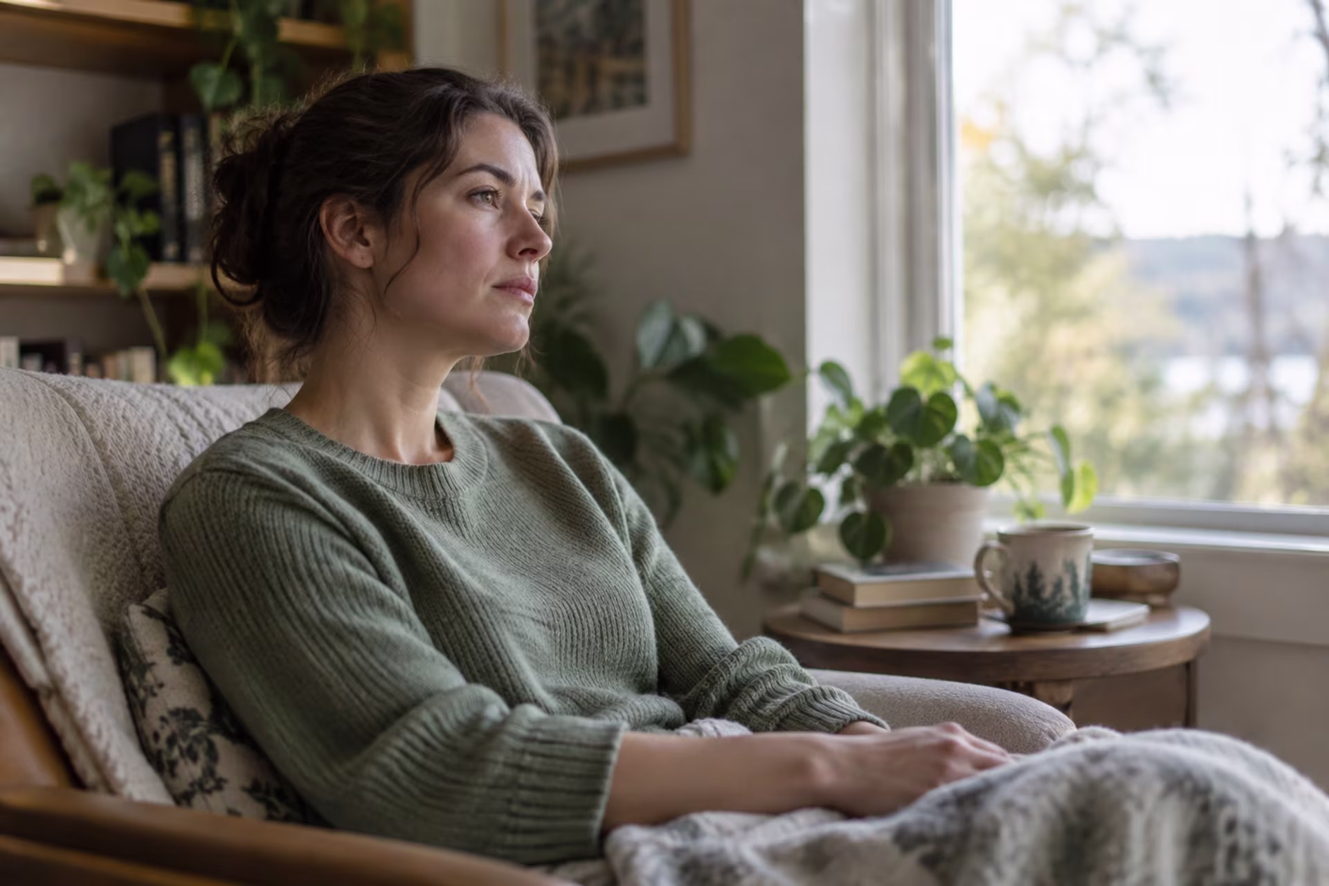 A woman in an olive sweater sits under a blanket and looks out a window, appearing distant and reflective.