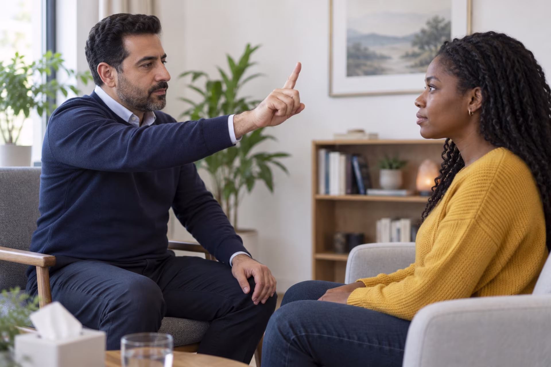 A therapist holds up a finger so a client can follow it with her eyes during EMDR.