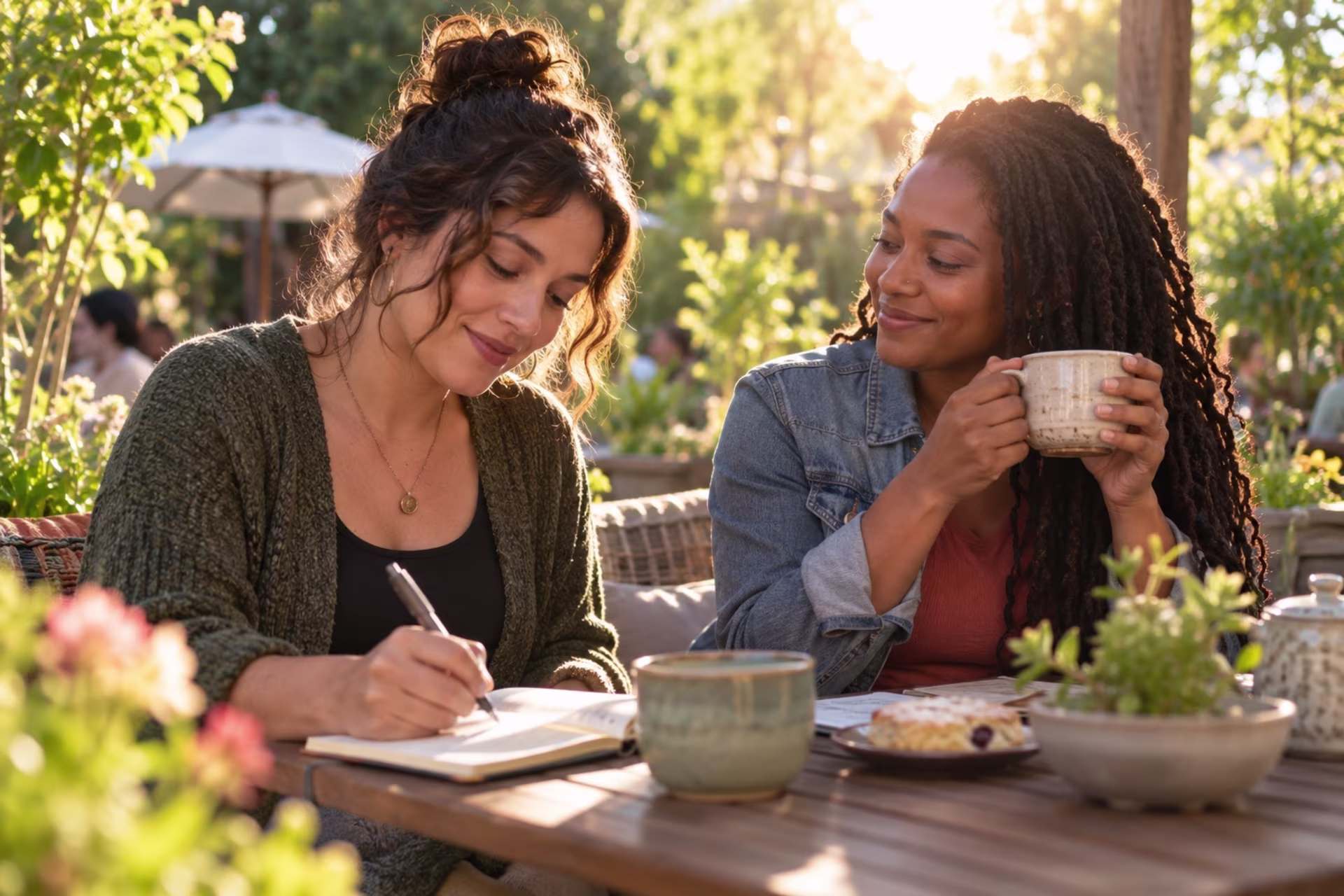 Two friends sit at a sunlit outdoor table; one journals while the other holds a mug and listens.
