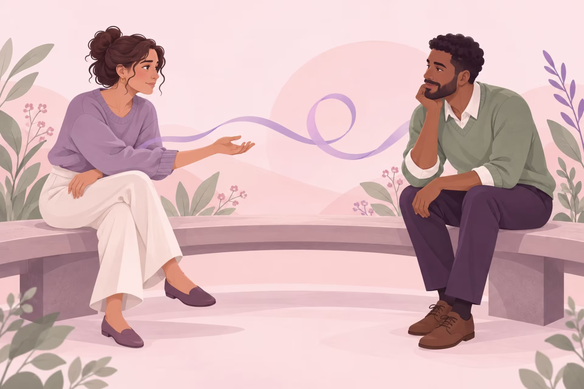 Two people sit on a bench in conversation, a purple ribbon connecting them.
