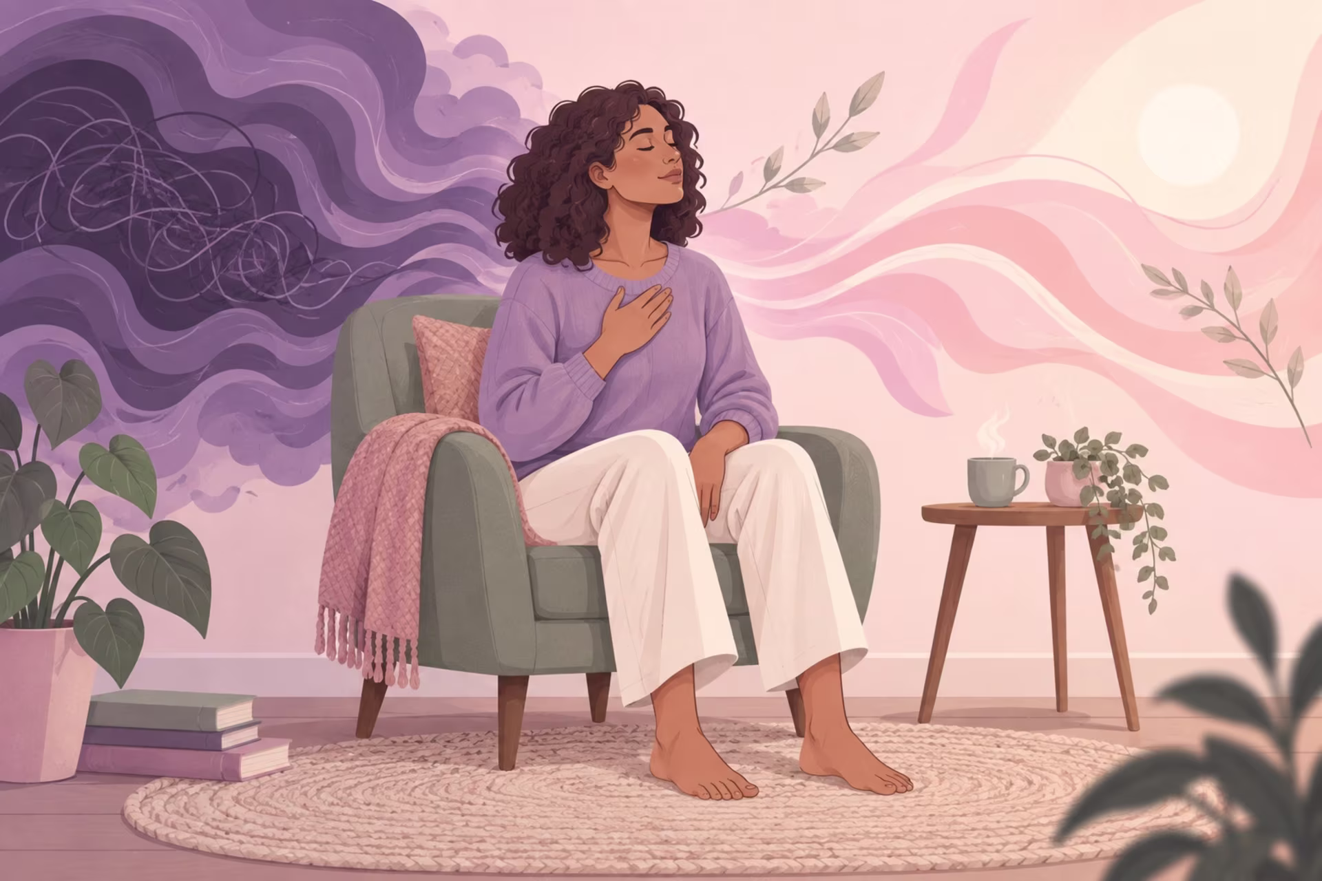 A woman sits with her hand on her chest as dark clouds become calm pink waves.