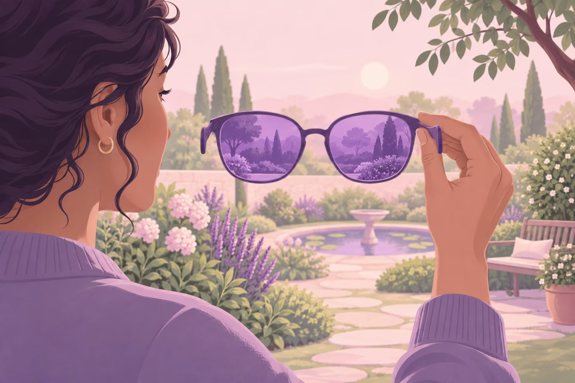 A woman looks through purple-tinted sunglasses at a garden path and fountain.