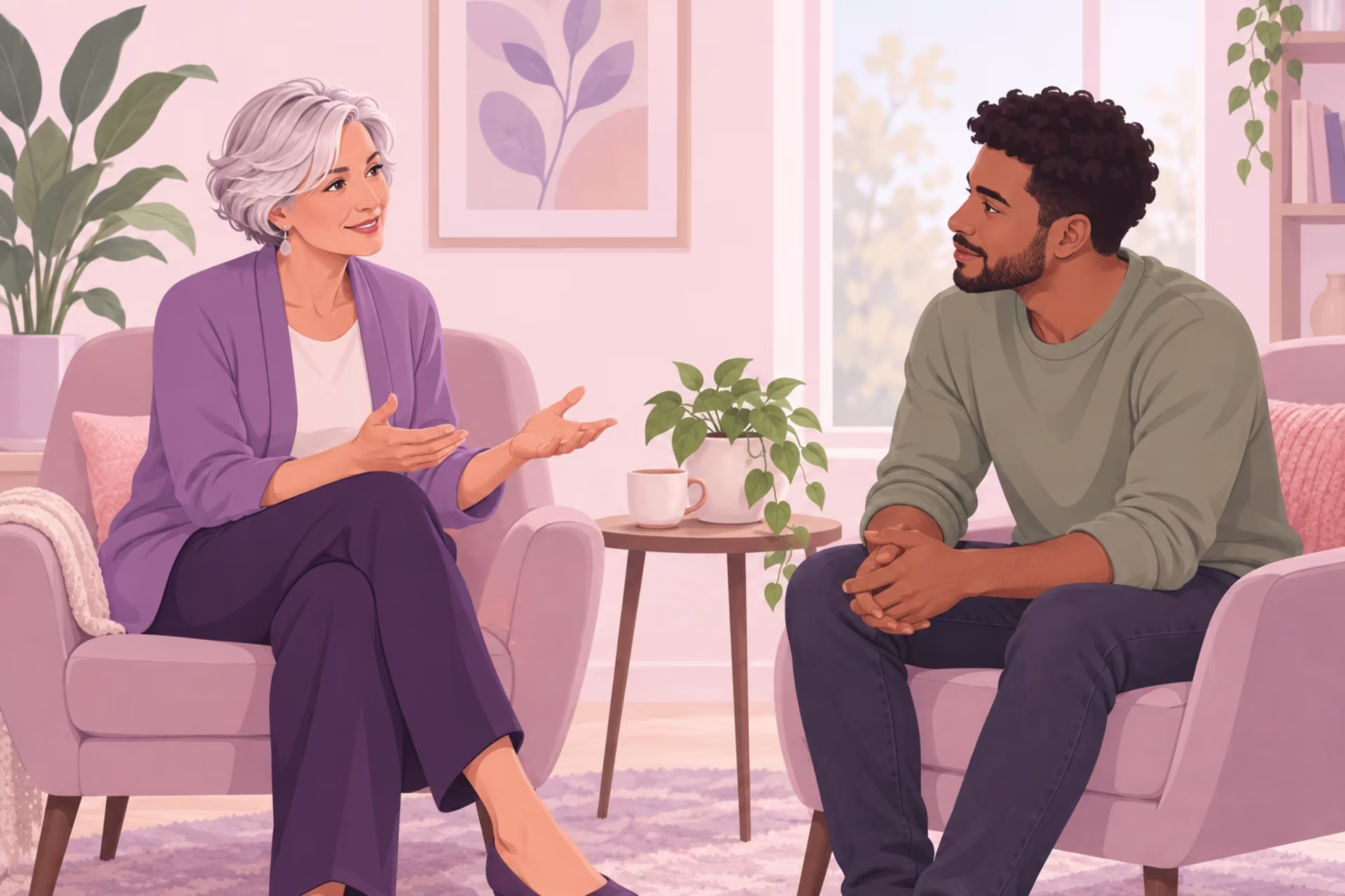 A therapist and client sit facing each other in lilac armchairs during an individual session.