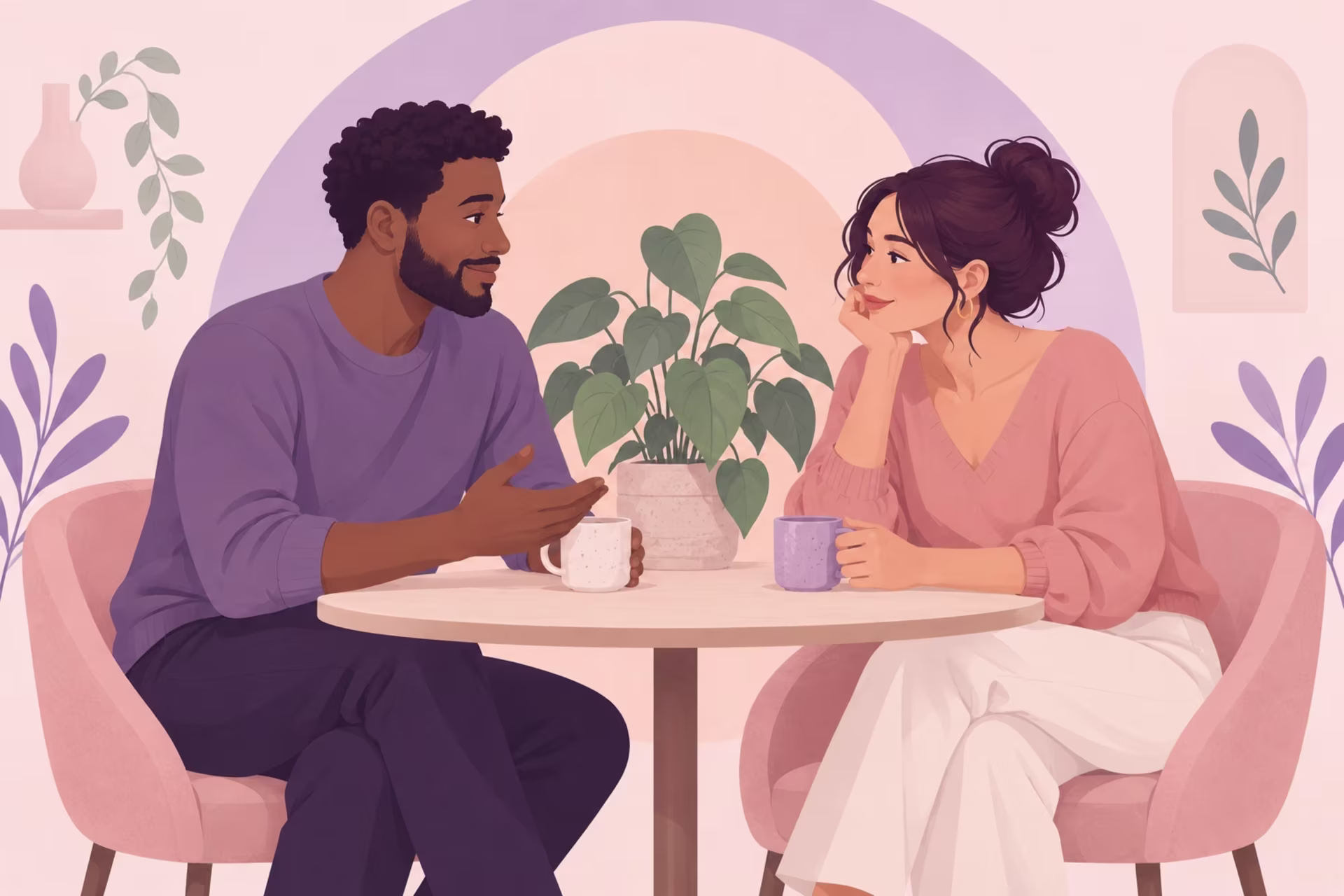 A man and woman sit across a cafe table talking over coffee.