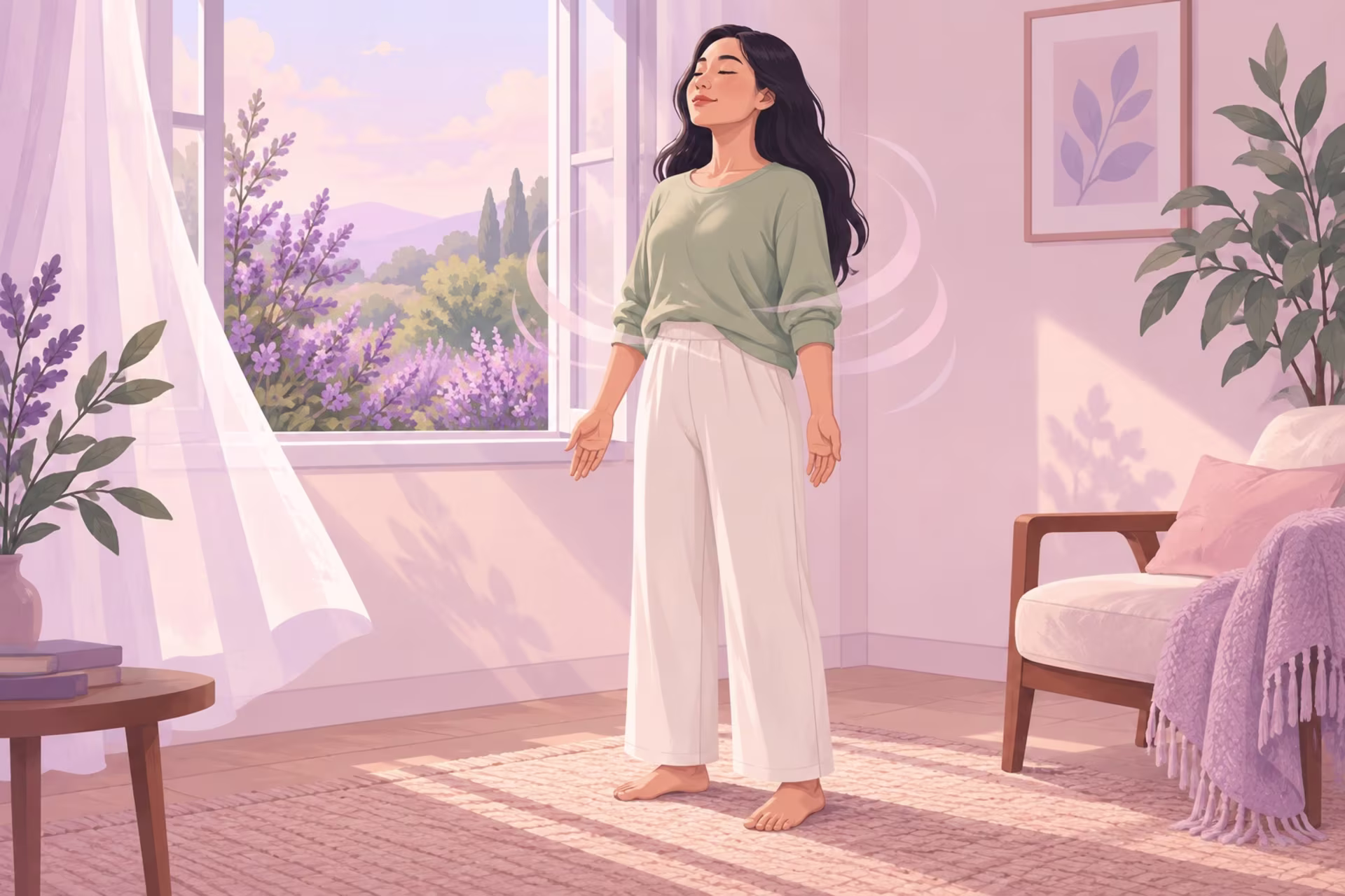 A woman stands barefoot with eyes closed as soft lines circle her torso in a sunlit room.