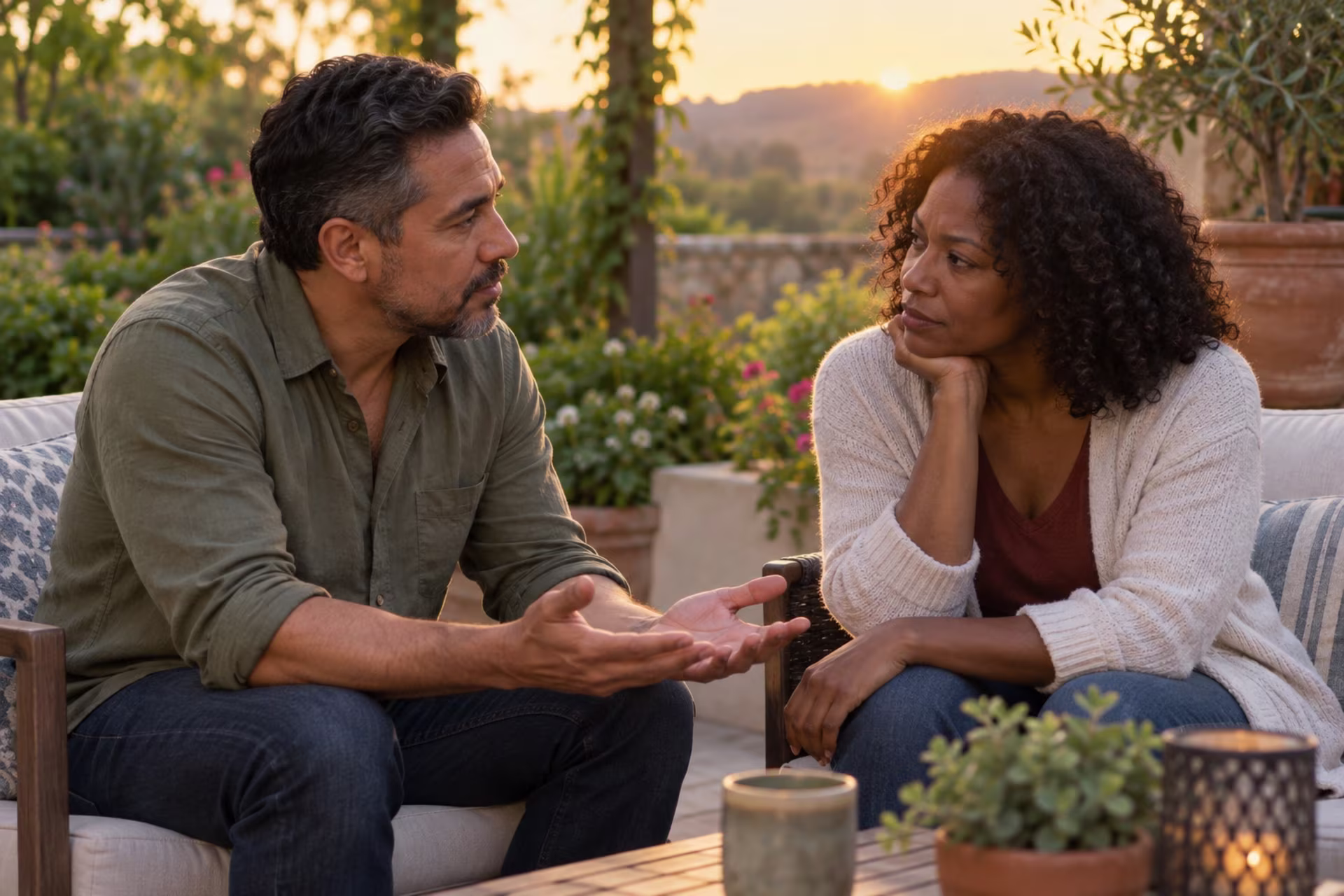 A couple talks across a patio table at sunset.