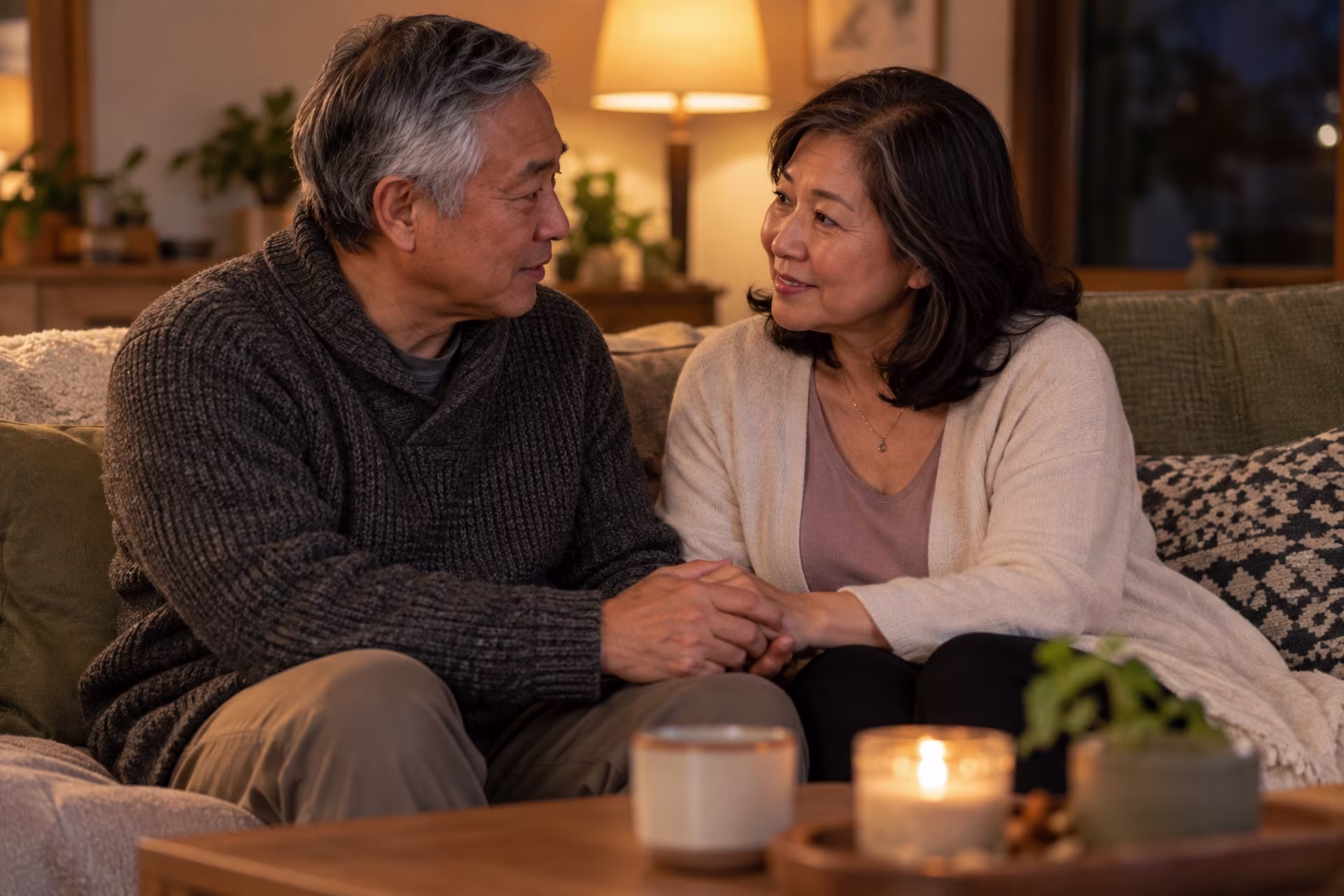 An older couple sits close on a couch, holding hands.