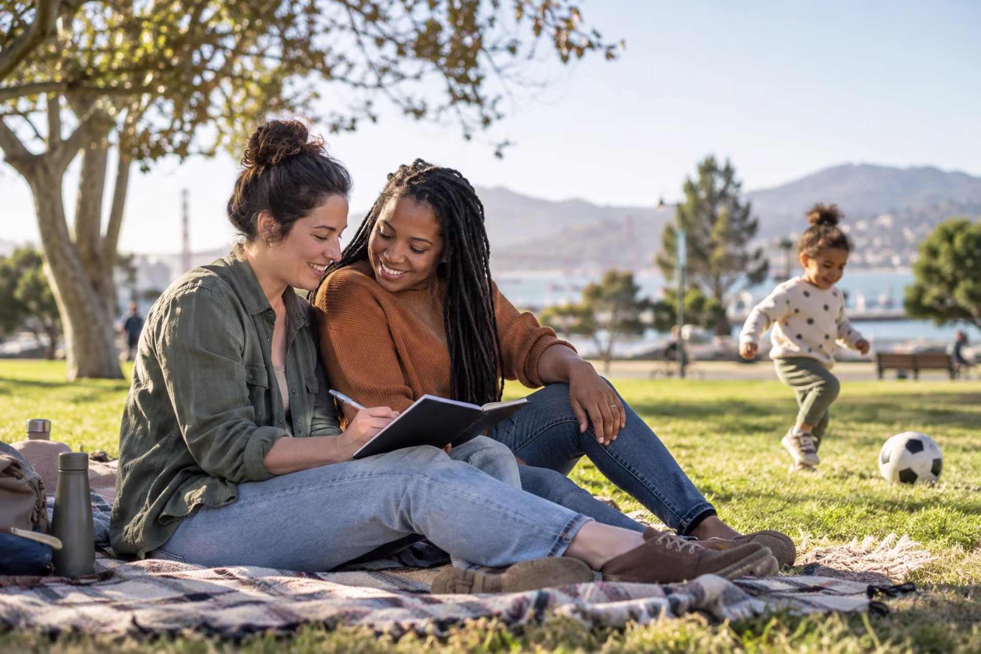 Two women write in a notebook on a picnic blanket while a child plays nearby.
