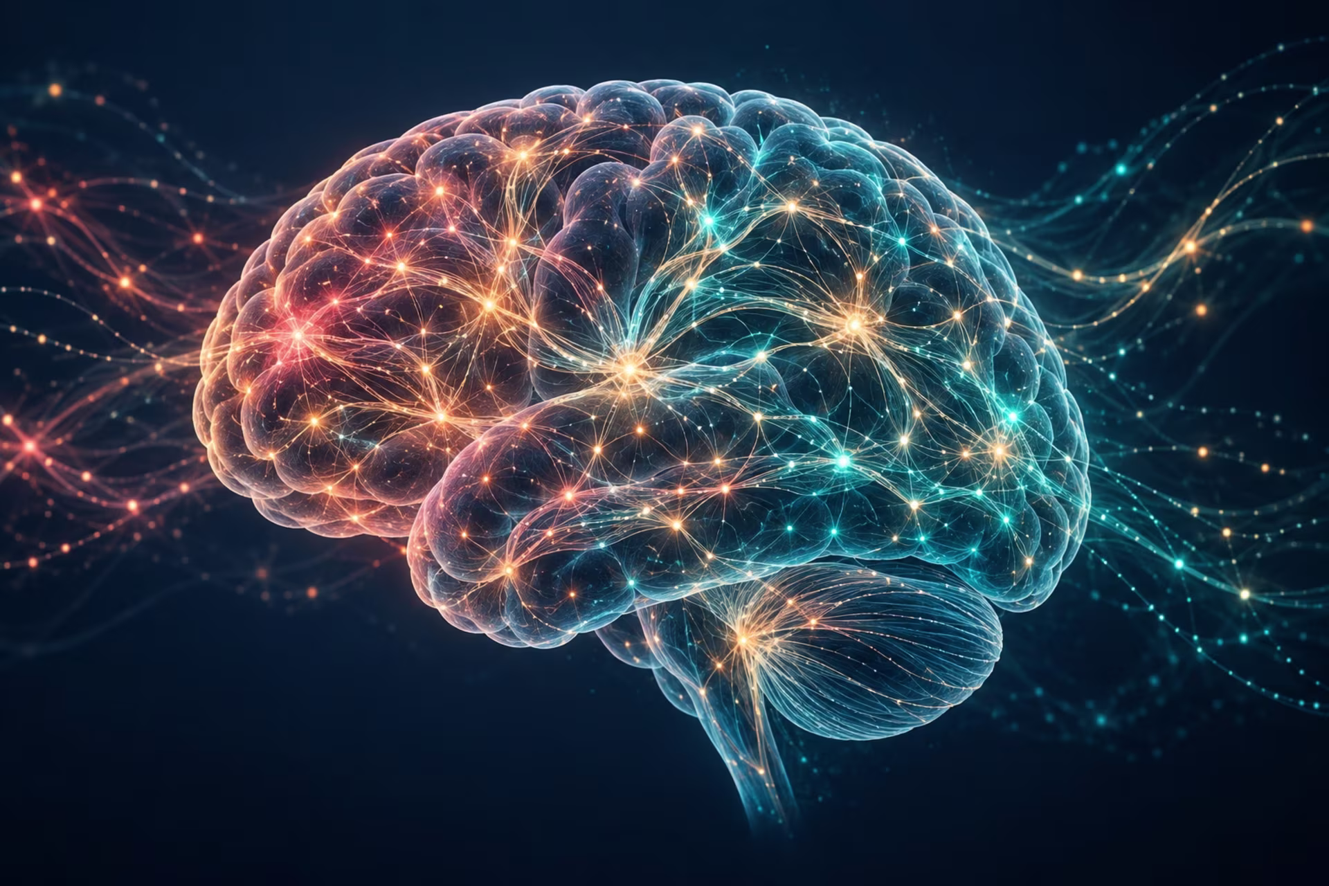 A digital illustration of a human brain glowing with neural connections, warm orange in front and cool blue in back, against a dark background.