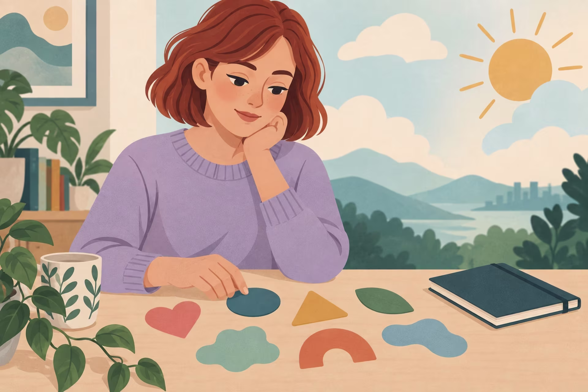 A woman sits at a desk sorting colorful abstract shapes that represent moods and emotions.