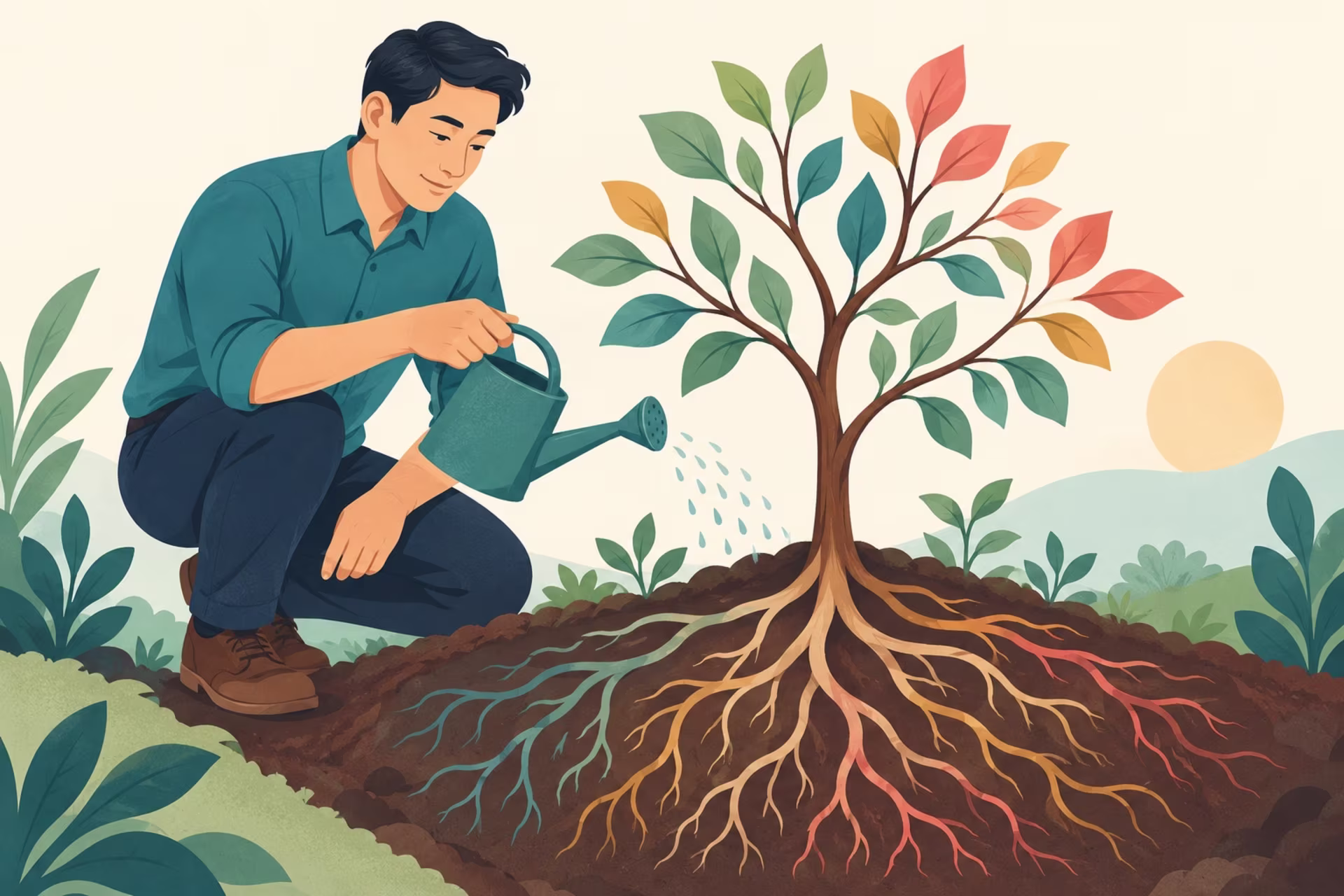 A man waters a small tree whose colorful roots show beneath the soil, a metaphor for early schemas and personal growth.