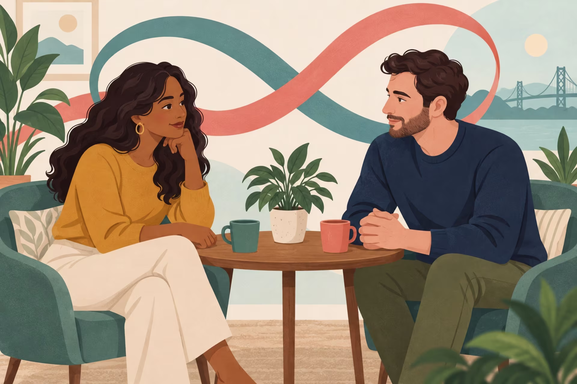 A man and a woman sit across a small table in conversation, with a stylized Bay Area bridge in the background.