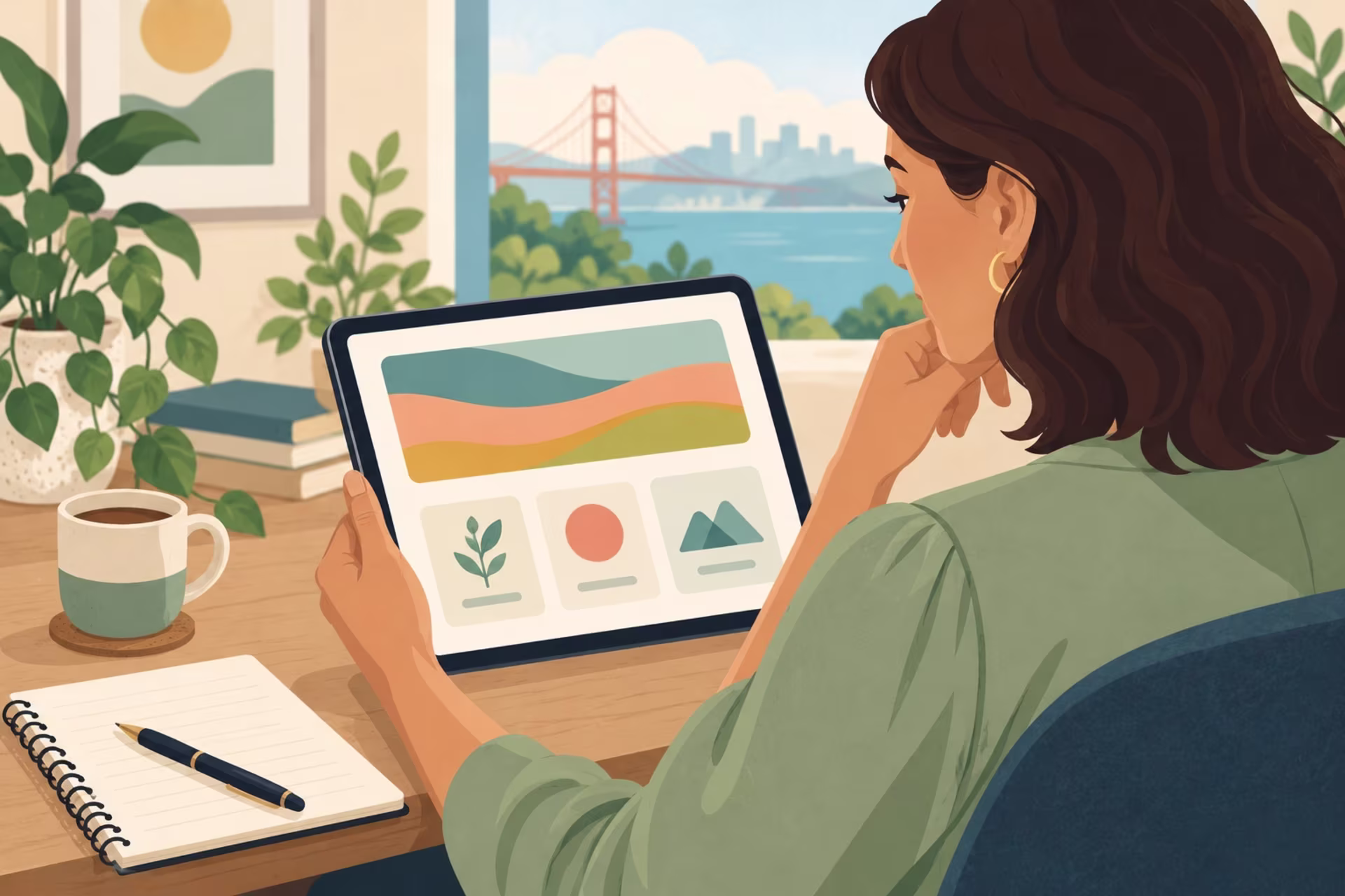 A woman reviews a mental health assessment on a tablet at a desk with a San Francisco skyline view.