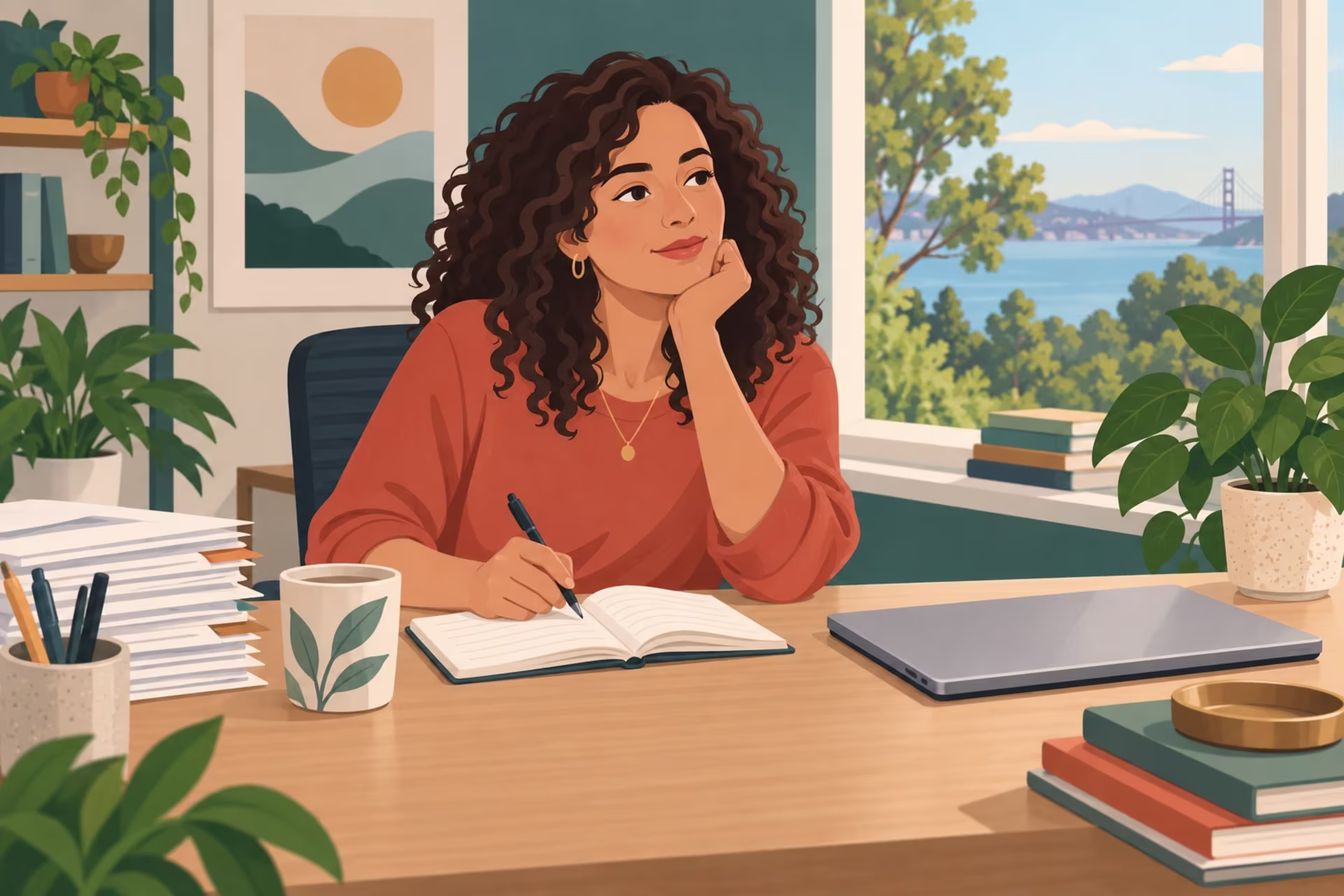 A woman journals at a desk overlooking the Golden Gate Bridge, reflecting on workplace patterns.