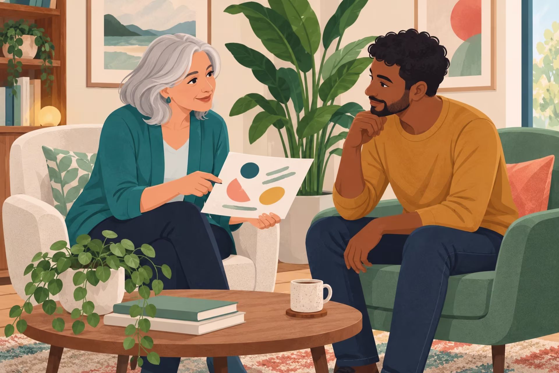 A therapist points to an assessment page while reviewing results with a client in a plant-filled office.