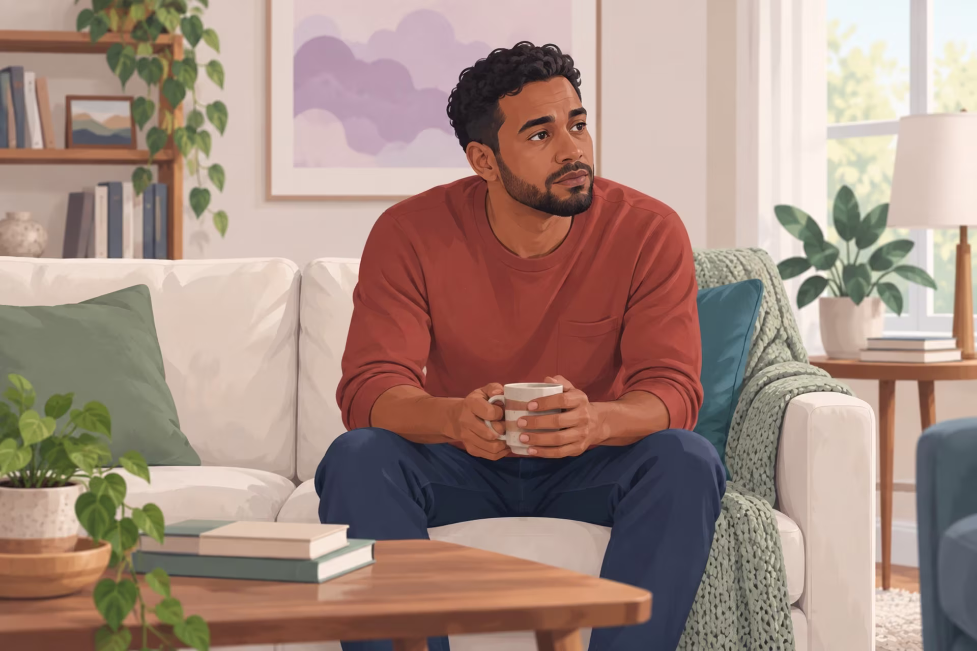Man sitting quietly on a sofa holding a mug, with a subdued expression illustrating low mood.