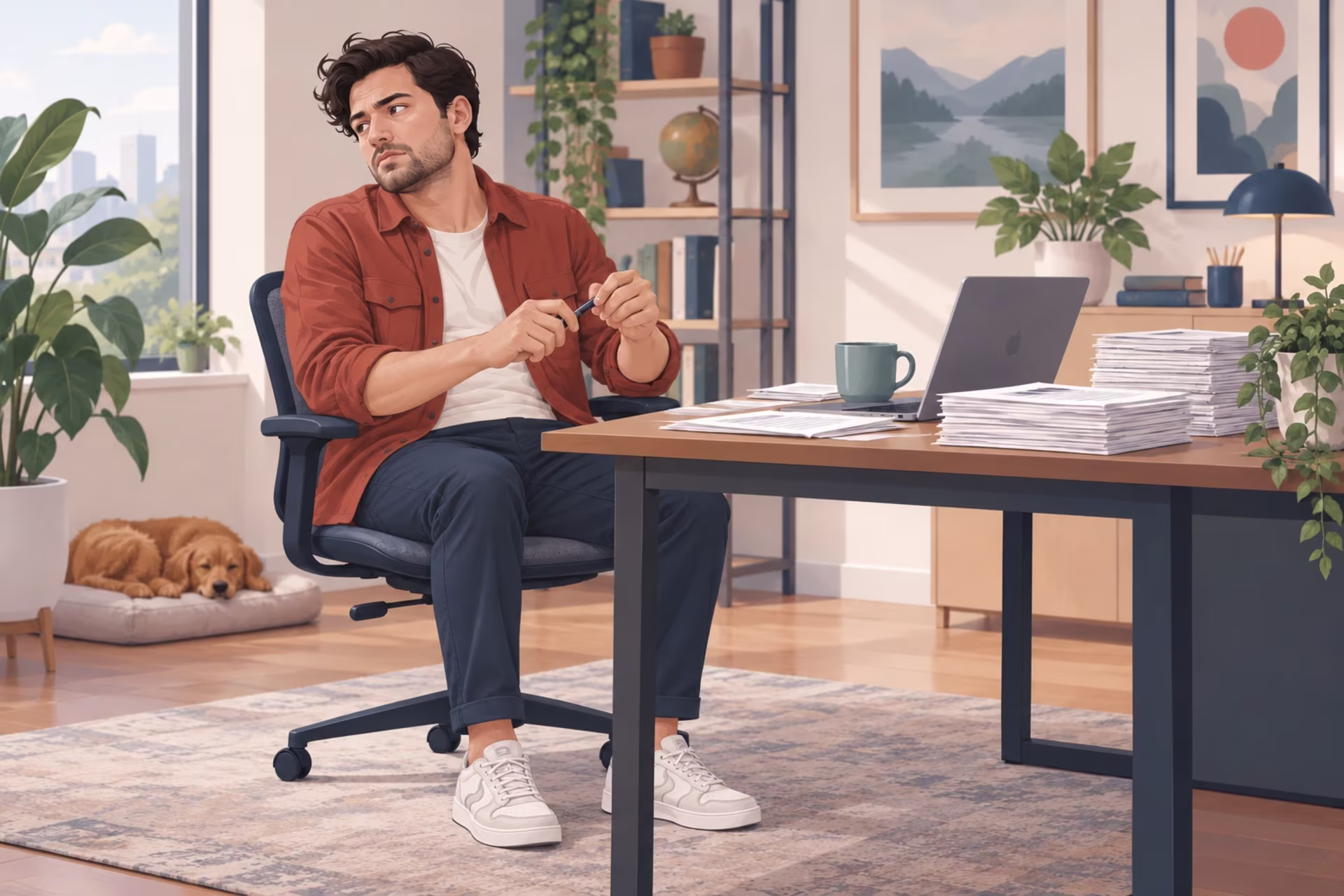 Bored, restless man fidgeting with a pen while seated at a desk beside repetitive office paperwork.