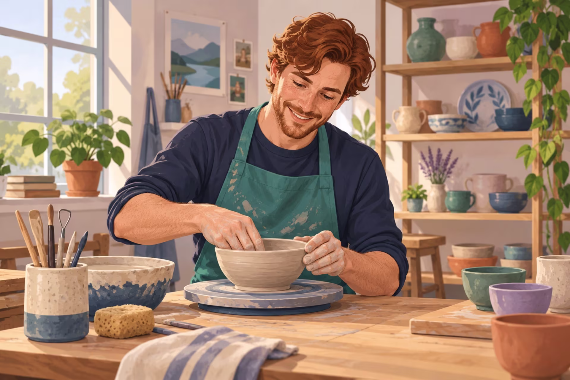 Man enjoying pottery in a bright studio, exploring a new hobby to break a monotonous routine.