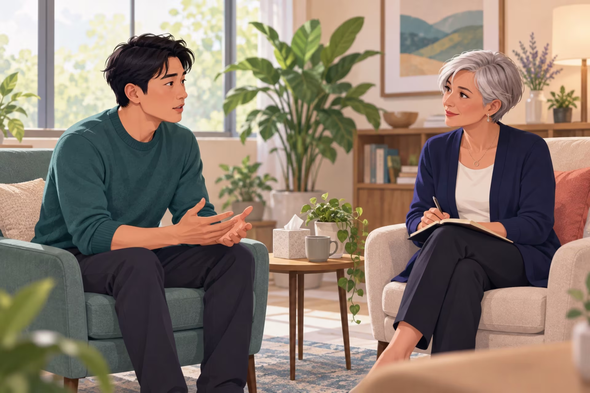 Man discussing his experiences with an attentive therapist in a comfortable counseling room.