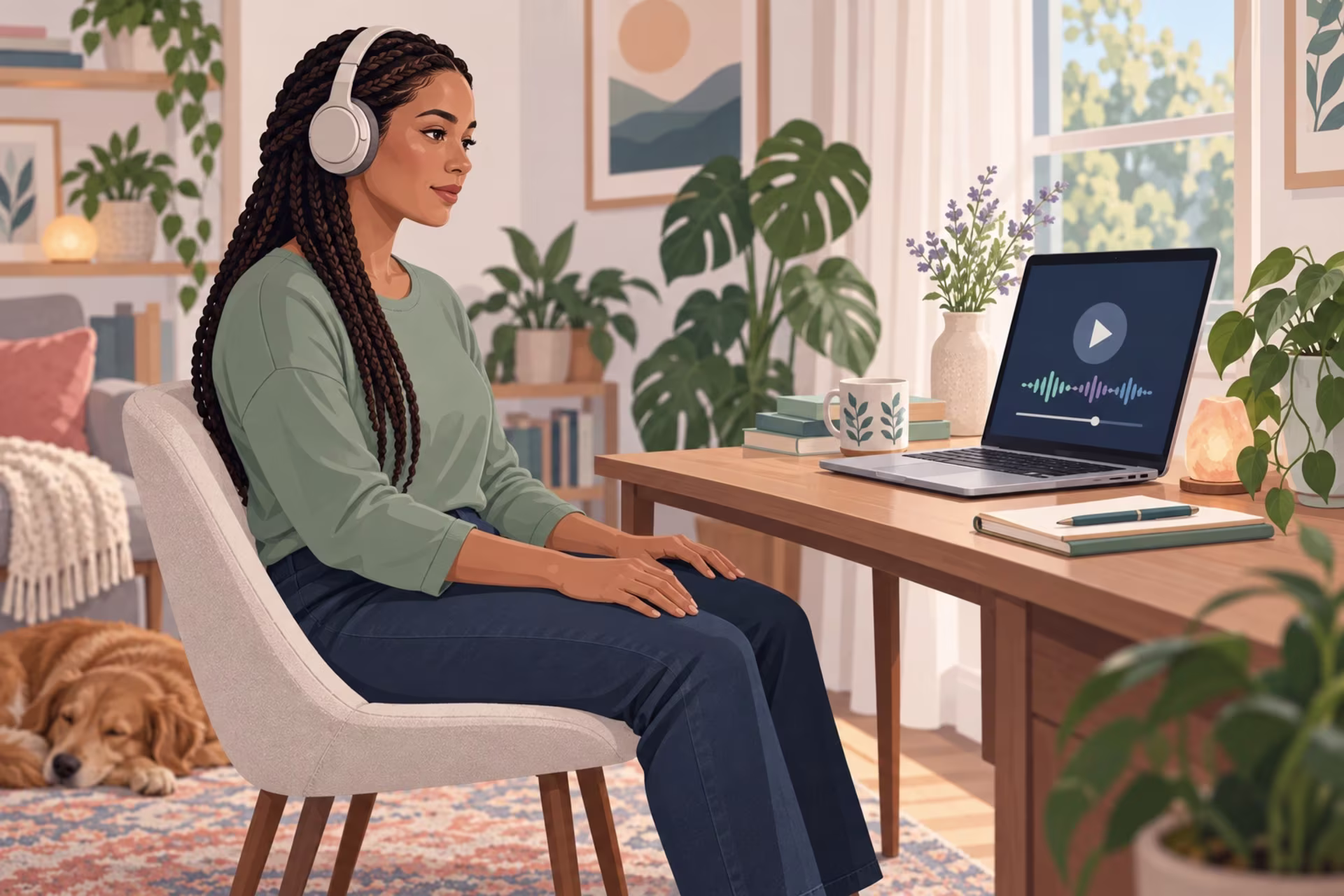 Woman wearing headphones and using a laptop to follow a guided mindfulness exercise at home.