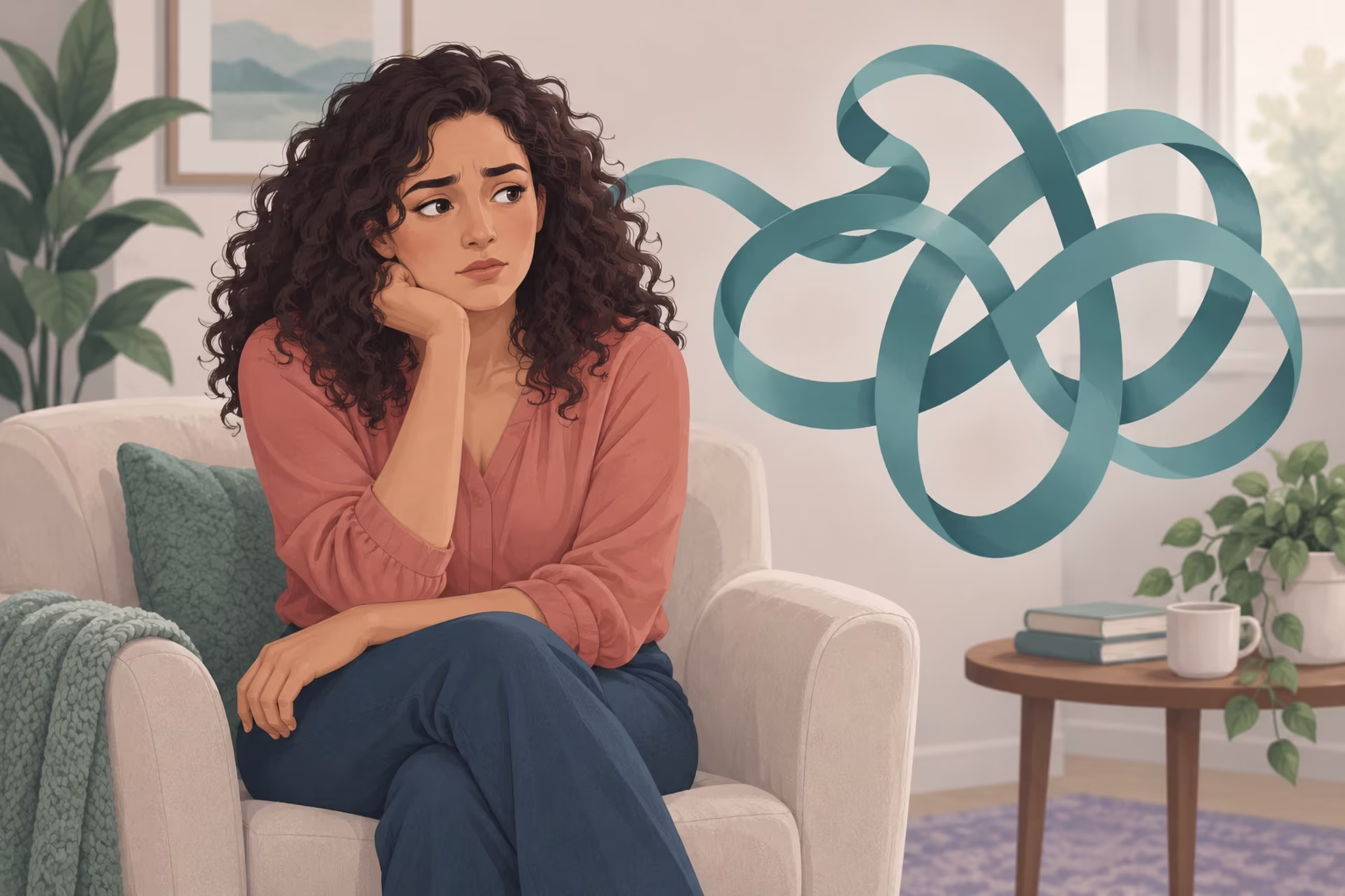 A woman looking uncertain beside an abstract tangled ribbon, symbolizing emotional dependency.