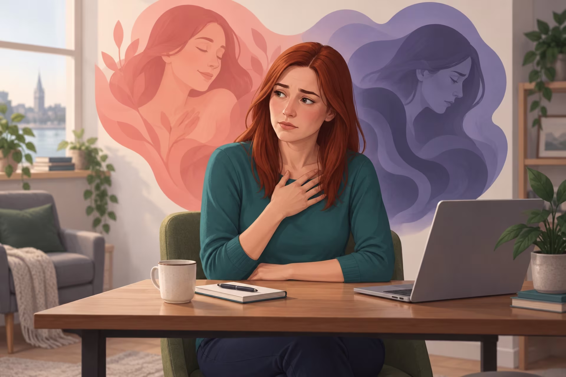 Woman reflecting on conflicting feelings, represented by contrasting abstract shapes.