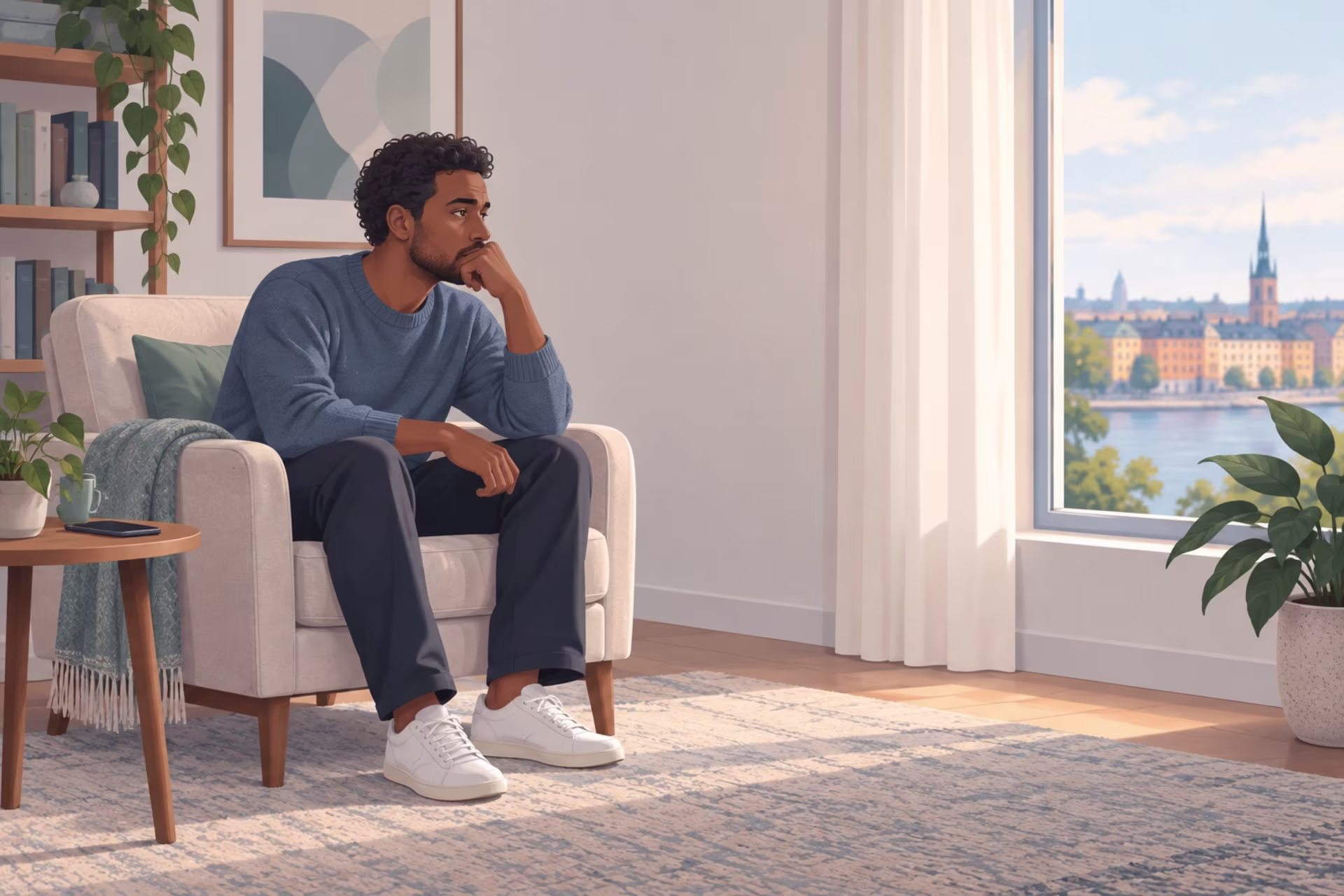 A withdrawn man sitting alone beside a window, illustrating social isolation.