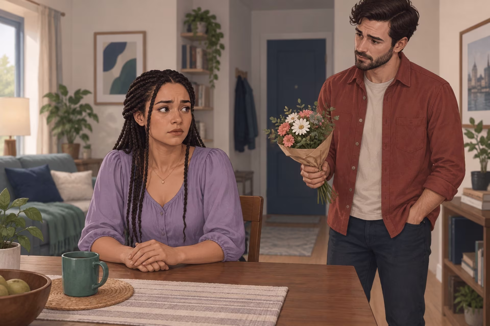 Woman hesitating over offered flowers during a visibly tense interaction with her partner.