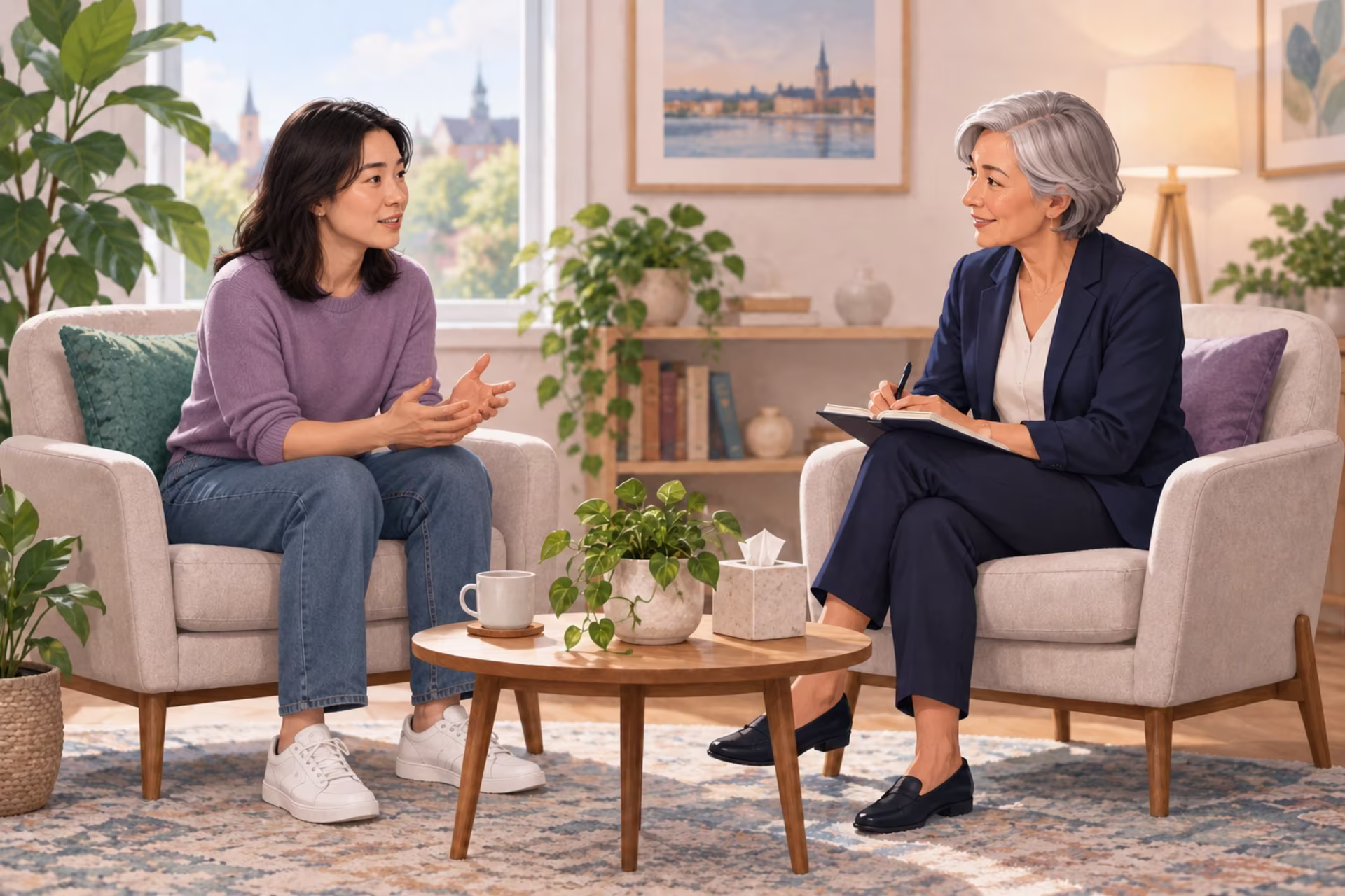 Asian woman in a purple shirt and jeans discussing her experiences with an attentive therapist near me.