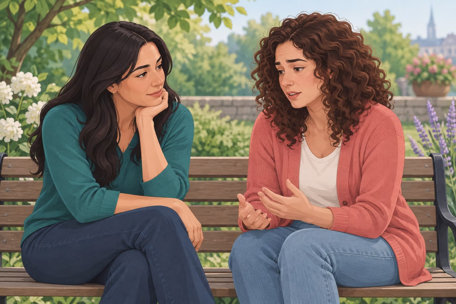 A supportive friend listening attentively as a woman shares her feelings near me.