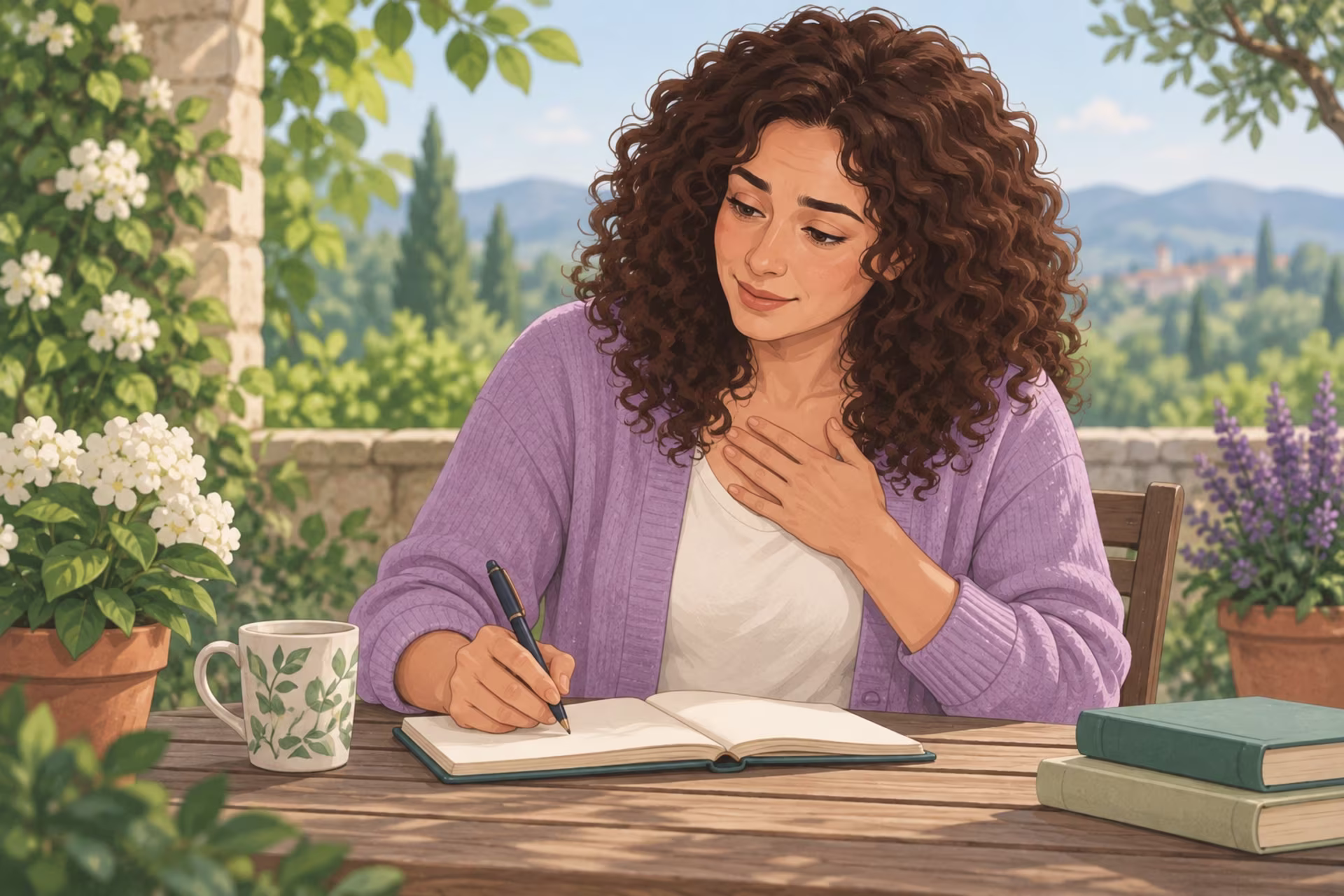 A woman writing a compassionate letter to herself in a notebook.