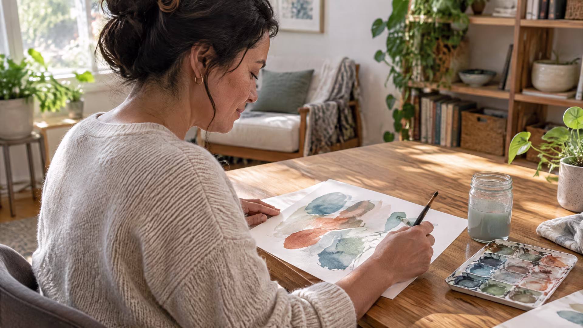 Woman using watercolor painting to process emotions during art therapy for body grief