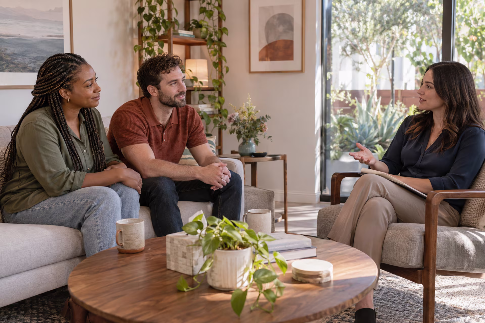 Couple meeting a therapist for an initial consultation in a bright office.