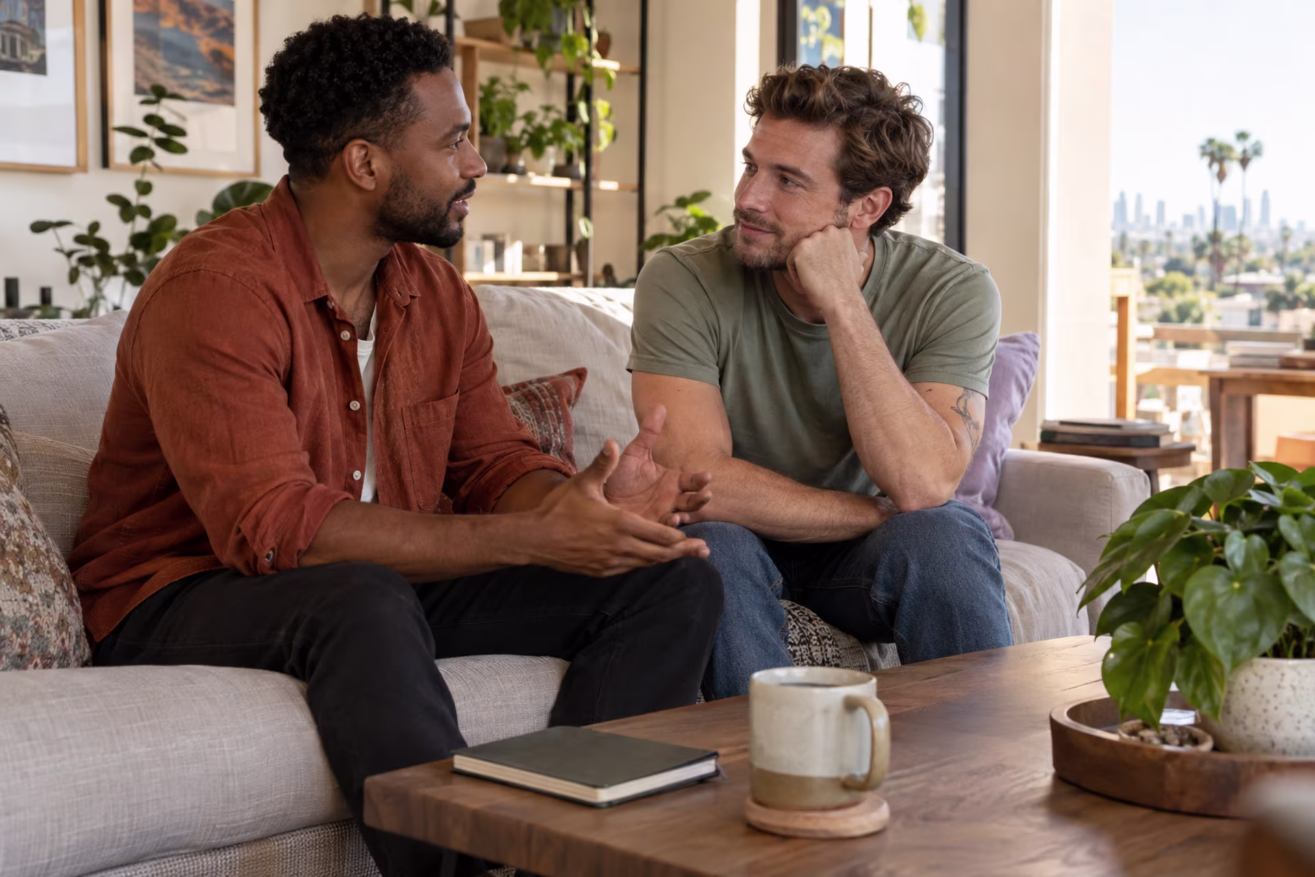 Partners practicing a listening exercise together at home between sessions.