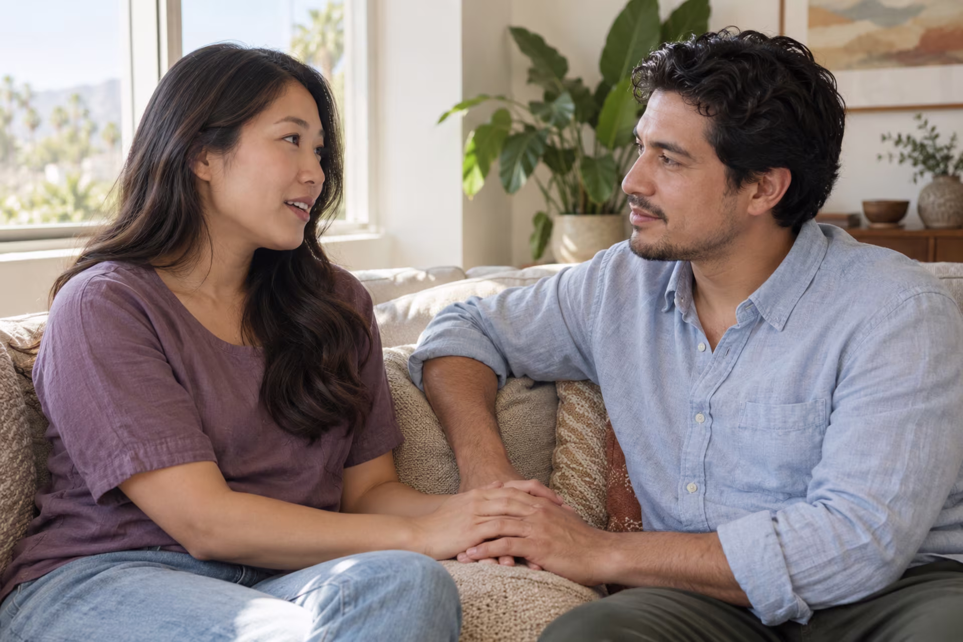 Couple sharing a supportive conversation with warm eye contact and gentle hand contact.