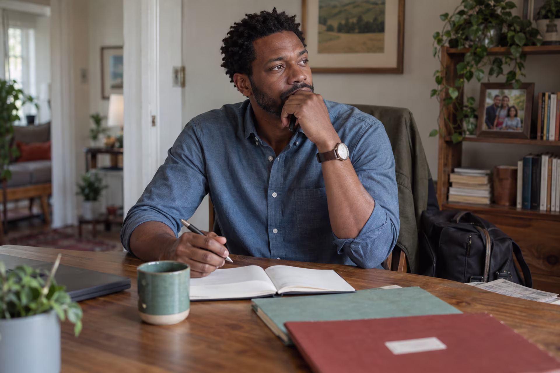 Man considering competing priorities while reviewing a decision at his desk.
