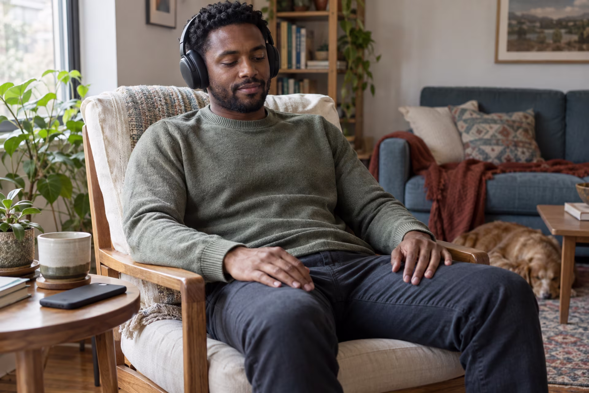Man listening to a guided reflection while seated comfortably at home.