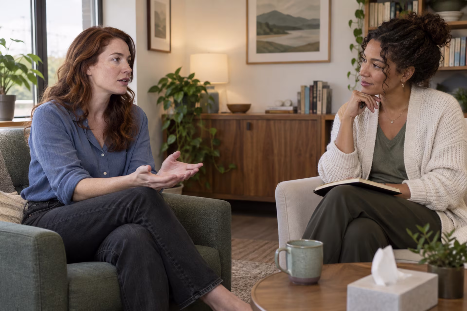 Client exploring conflicting feelings and goals with a therapist.