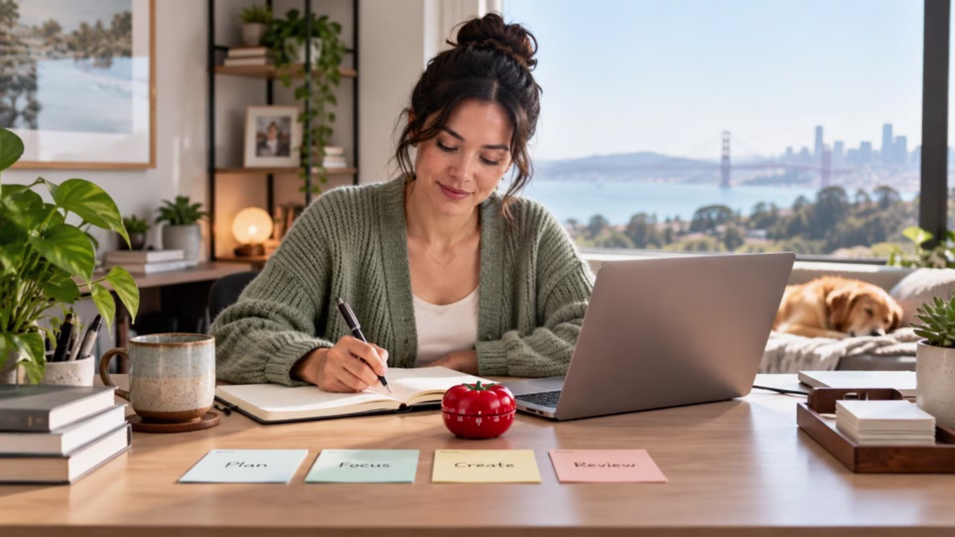 A woman mastering productivity with the Pomodoro Technique, sits on a large checklist clipboard nearby a vintage alarm clock and a target with an arrow in the bullseye.