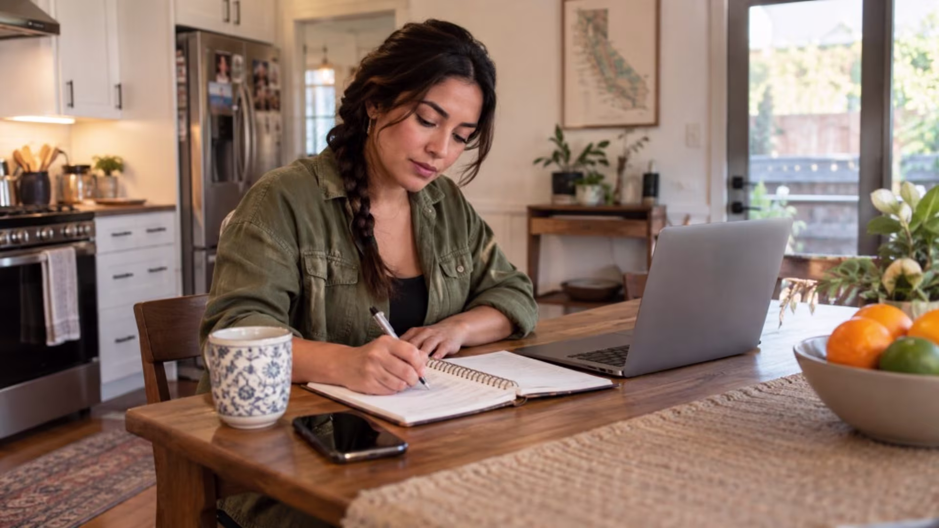 Woman journaling at a kitchen table during a structured job search after a layoff