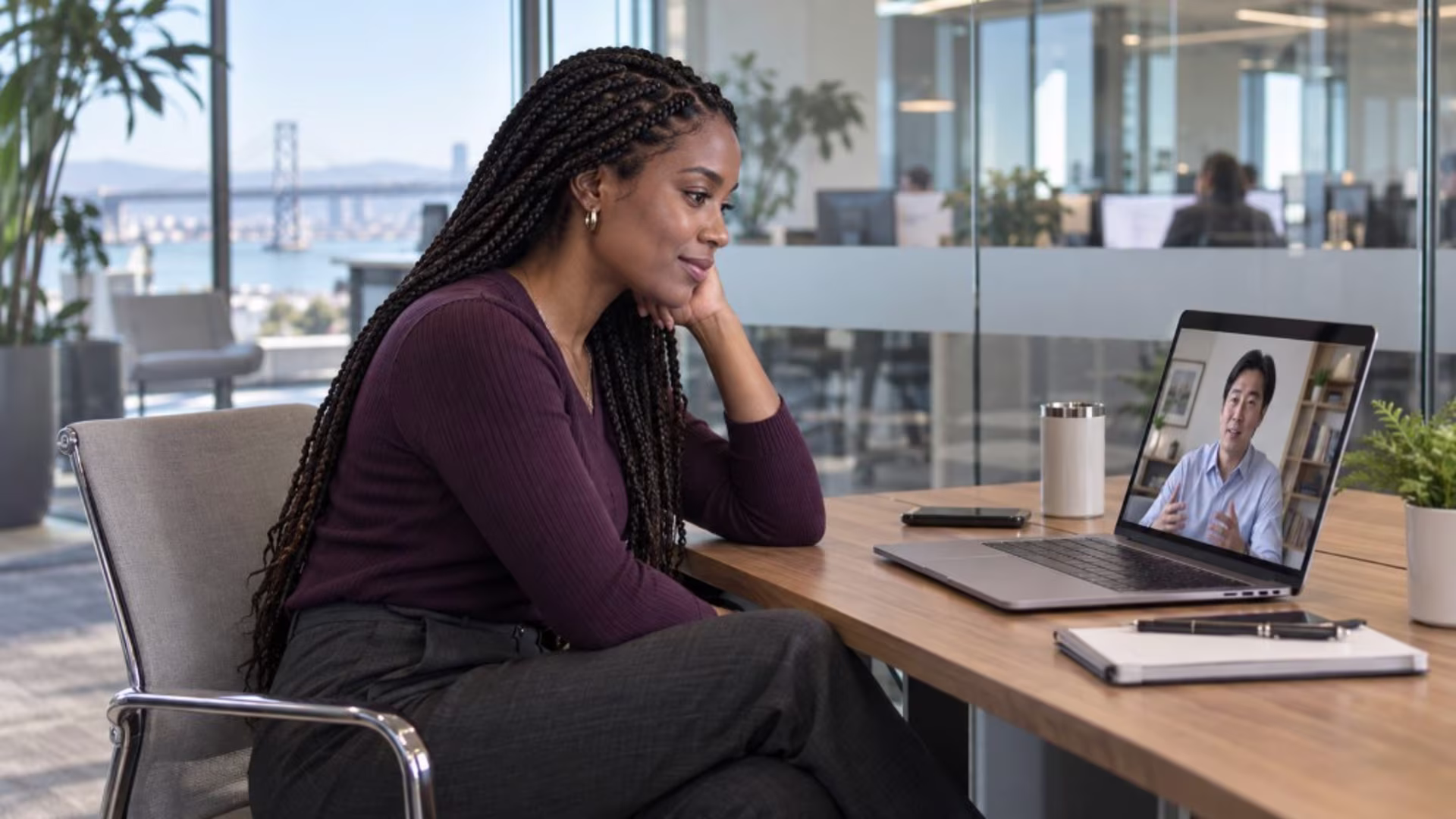 lady looking calm at work because of therapy for work related stress at bay area cbt center