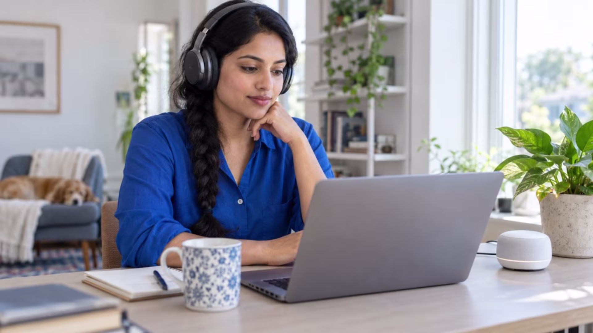 A person is sitting calmly at a desk, wearing over-ear headphones to block out common trigger sounds associated with misophonia, while a small white noise machine nearby provides soothing sound stimulation. This setup helps individuals with selective sound sensitivity syndrome manage emotional reactions to specific sounds in their daily life.