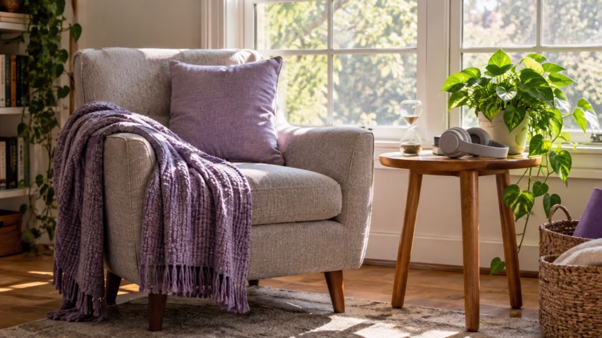 How to start a meditation practice with ADHD: a simple chair, timer, and plant ready for a short sit