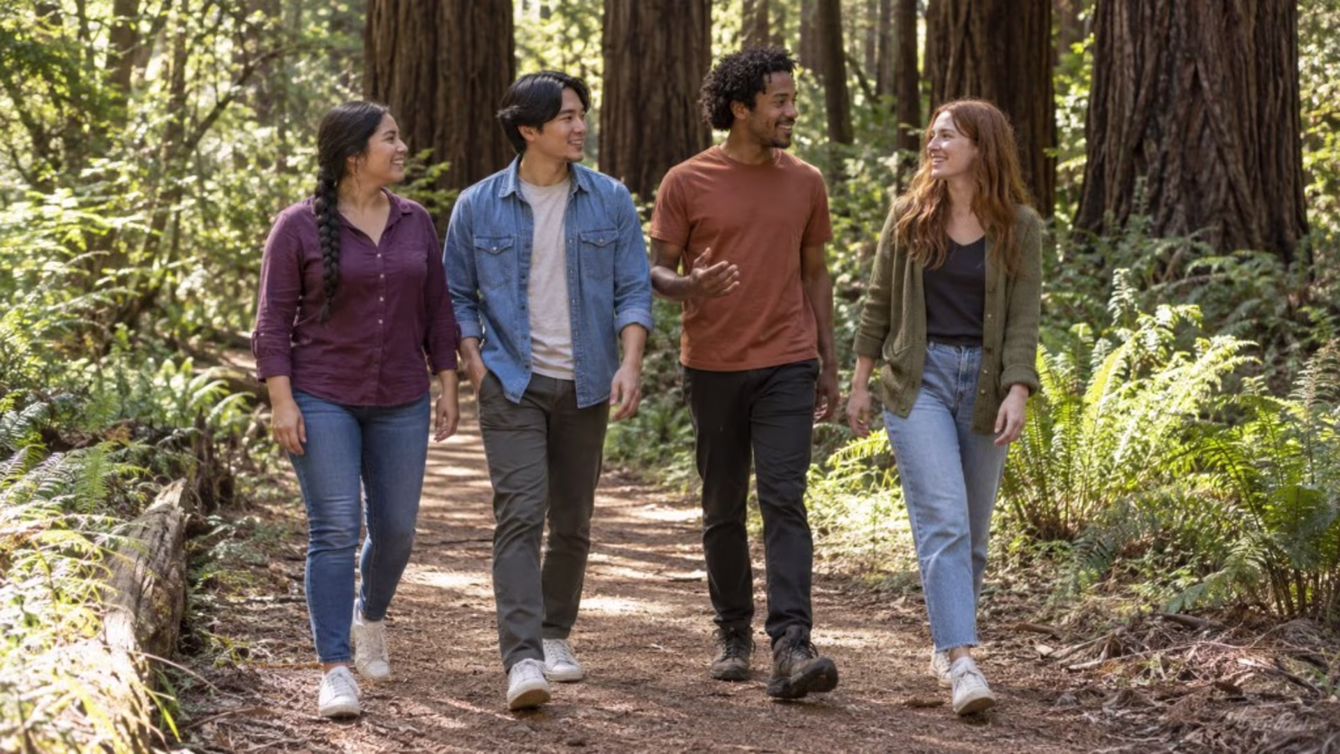 Inside a burnout recovery retreat at Bay Area CBT Center: walking together in a California redwood forest as part of the day