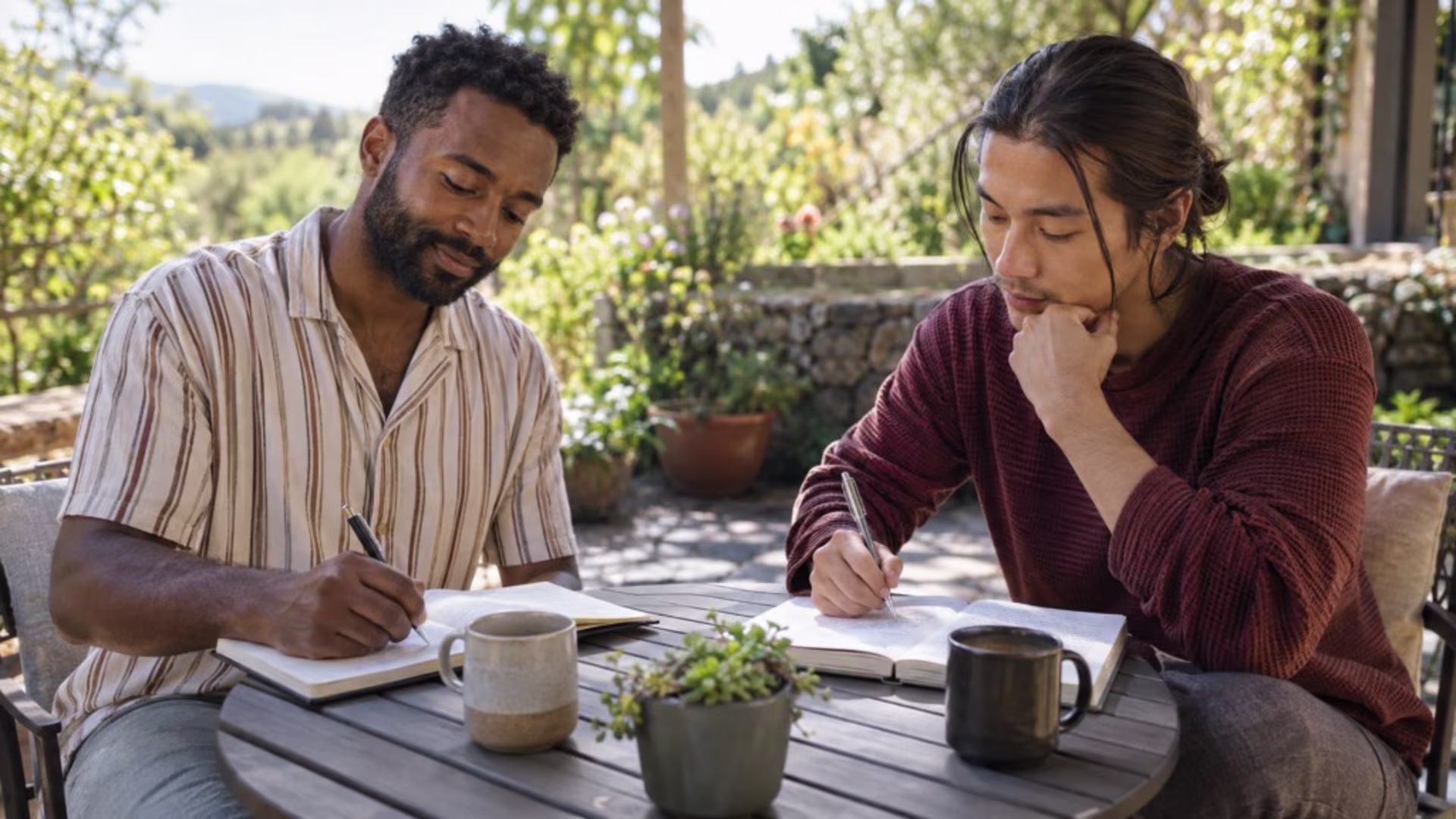 Couples retreat format: partners journaling between sessions at an outdoor table