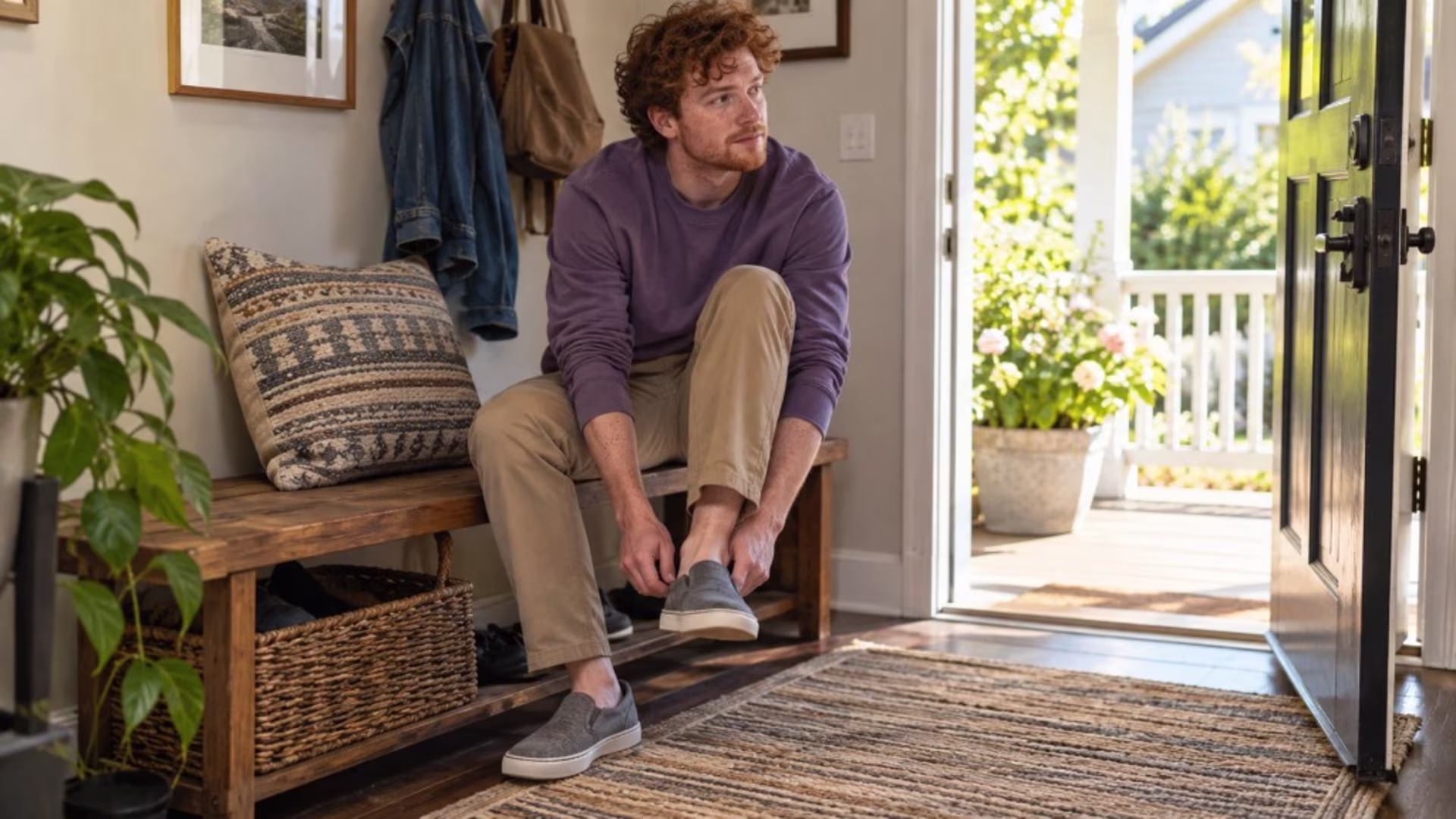 Man sitting by an open door putting on a shoe, stuck between knowing what to do and getting himself to start