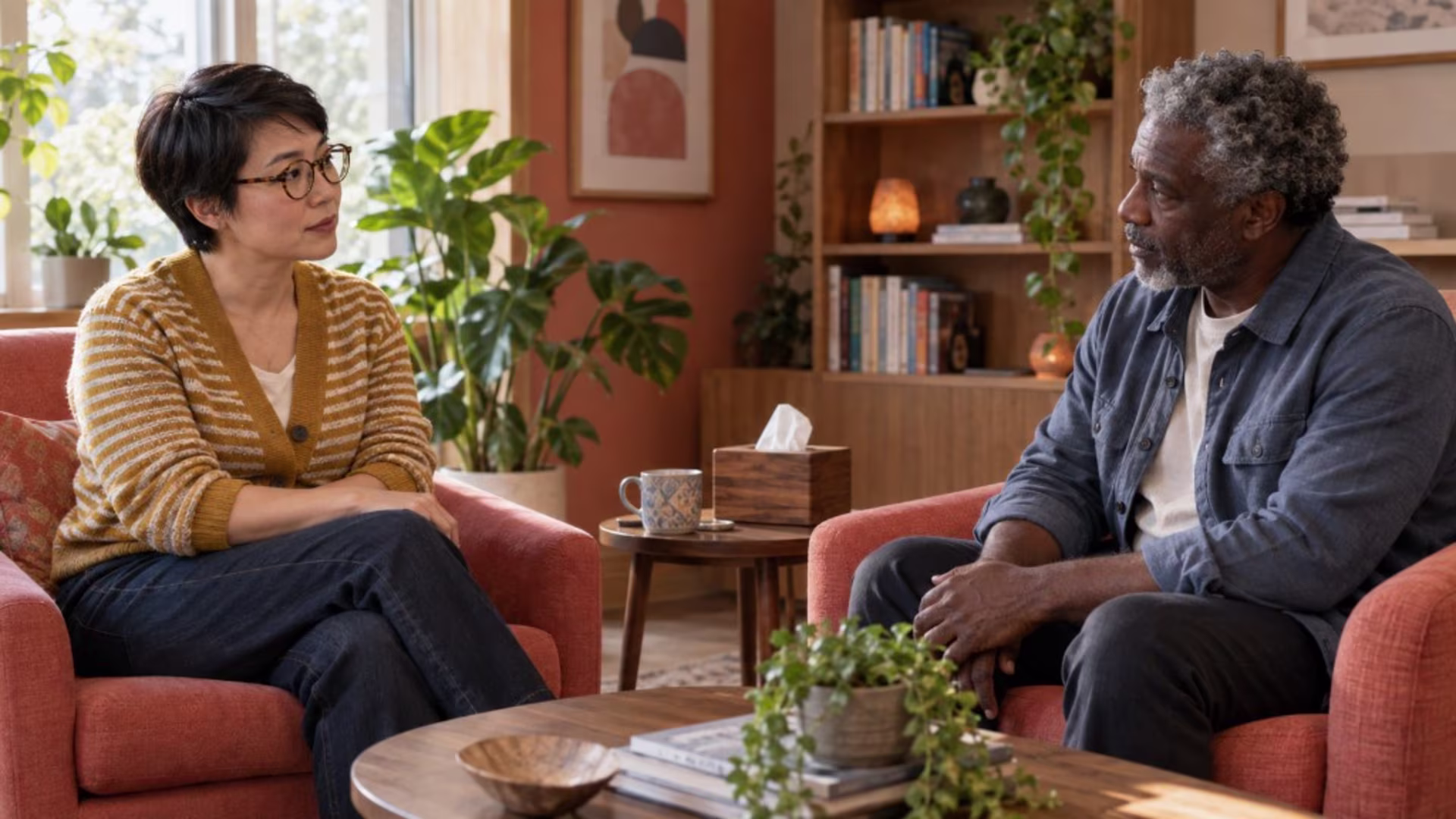 Therapist and client sitting across from each other, working through shame and self-blame about feeling lethargic