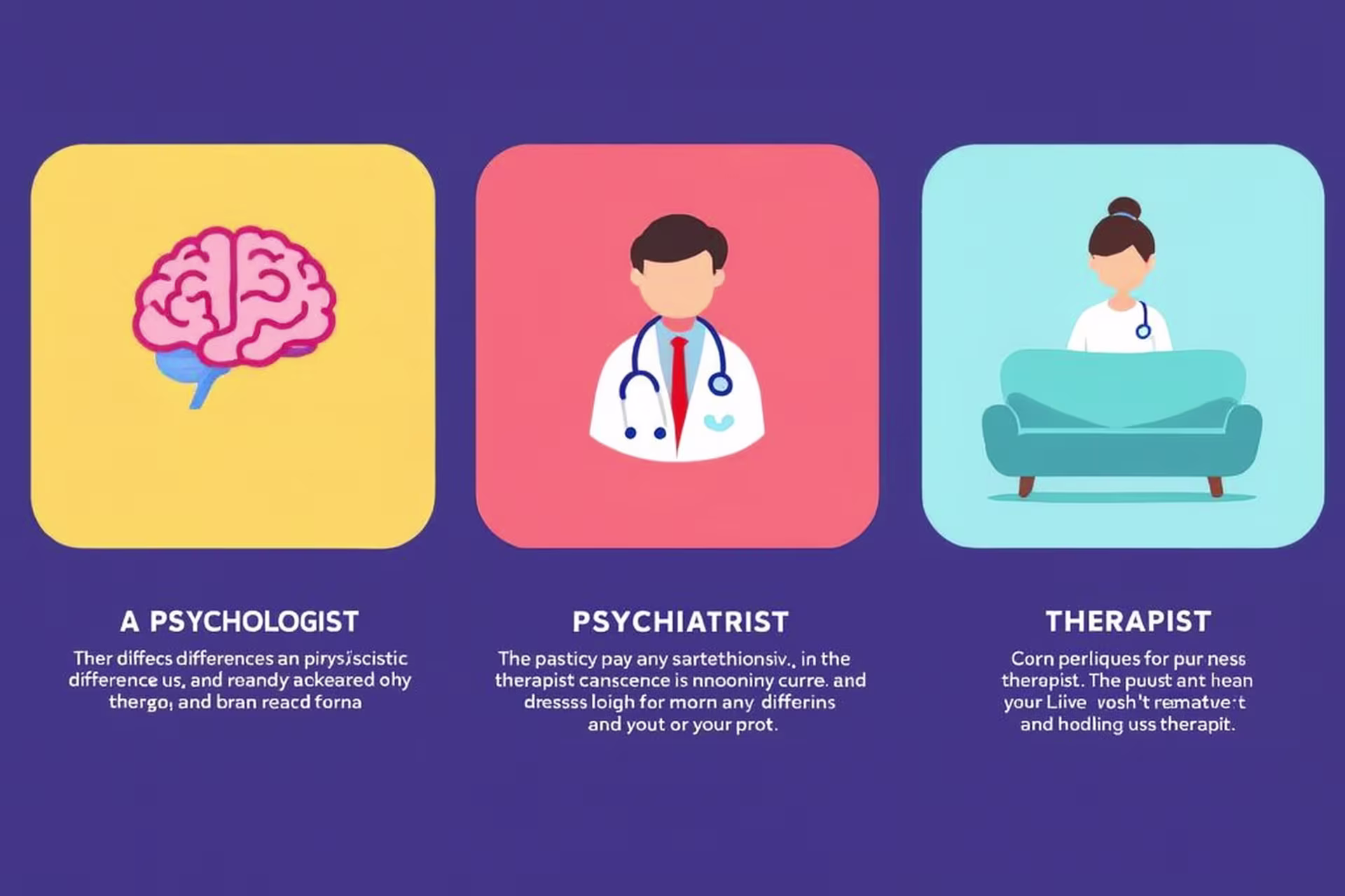 An illustration showing the difference between psychologist, psychiatrist, and therapist.