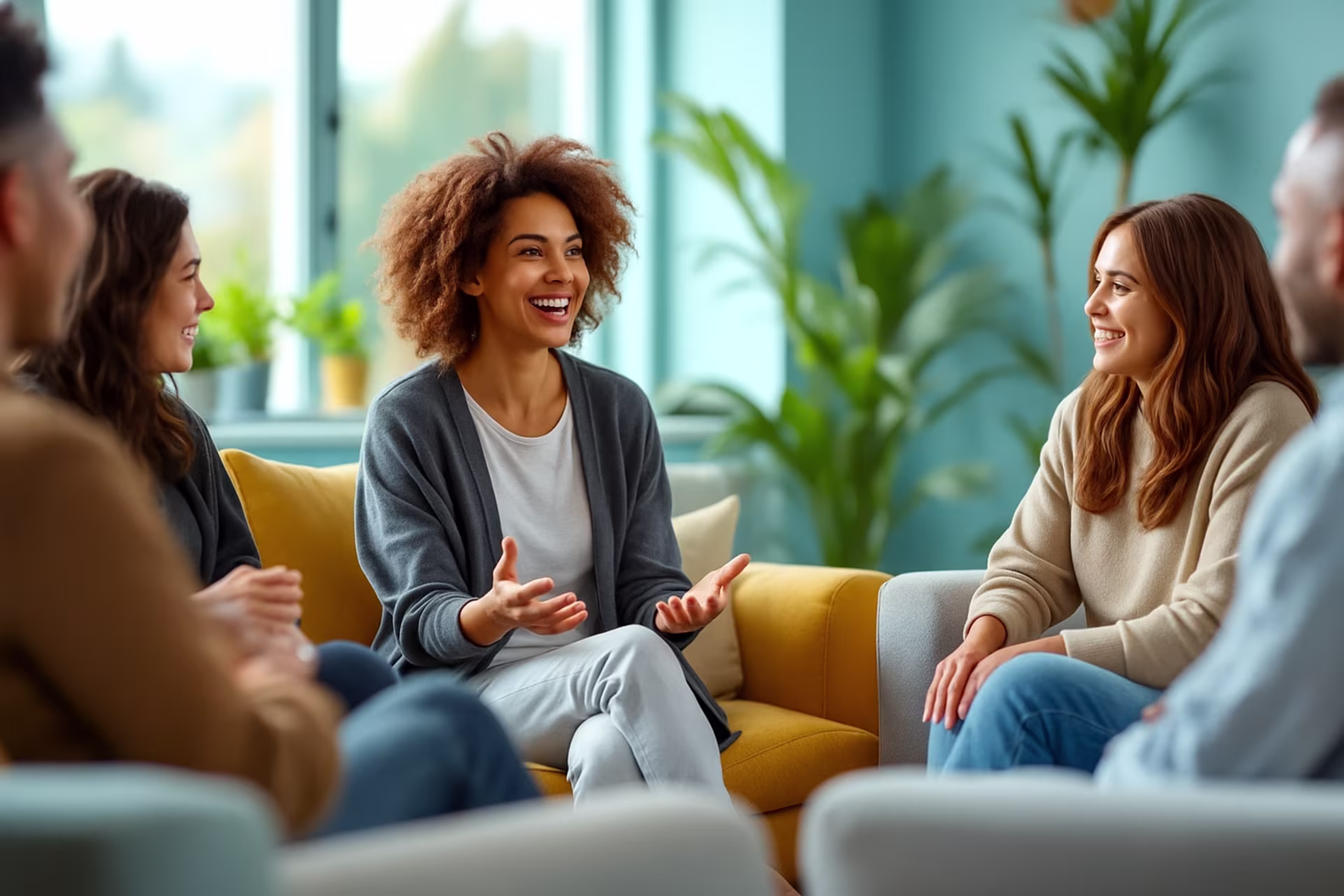 A group therapy session for bipolar disorder, showcasing participants engaged in discussion.