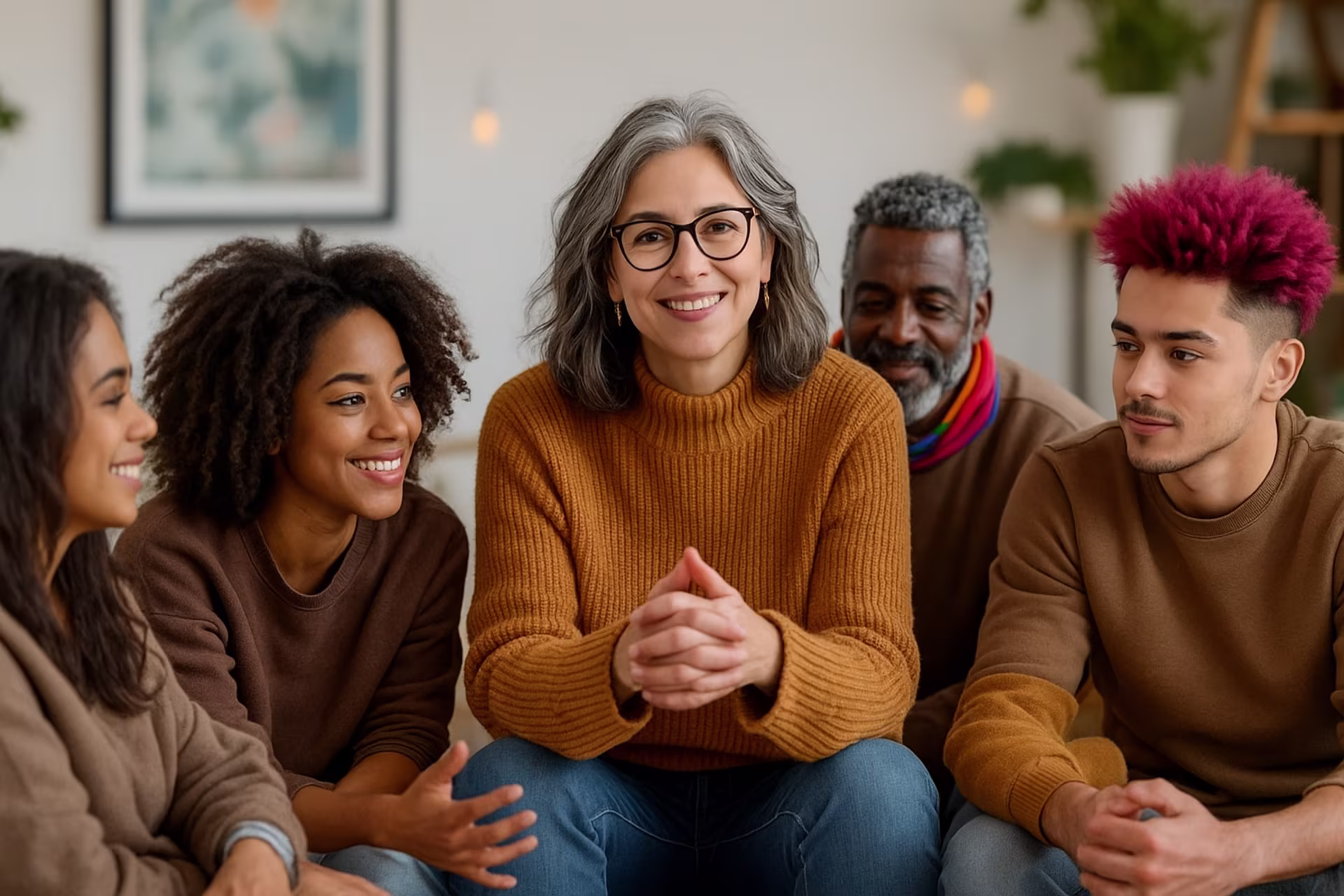 A mental health professional leading a group therapy session focused on medication management.